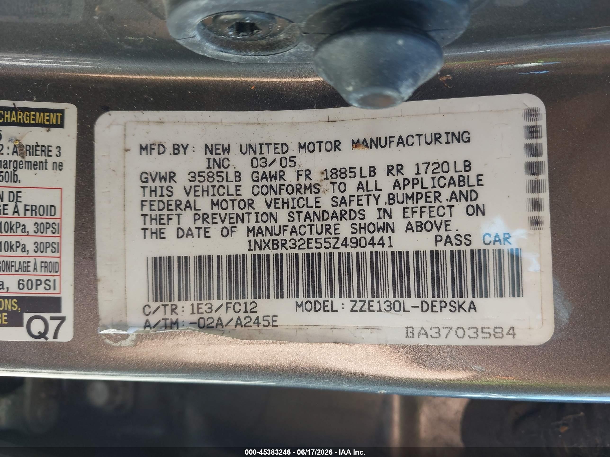 2005 Toyota Corolla Ce/le/s Gray vin: 1NXBR32E55Z490441
