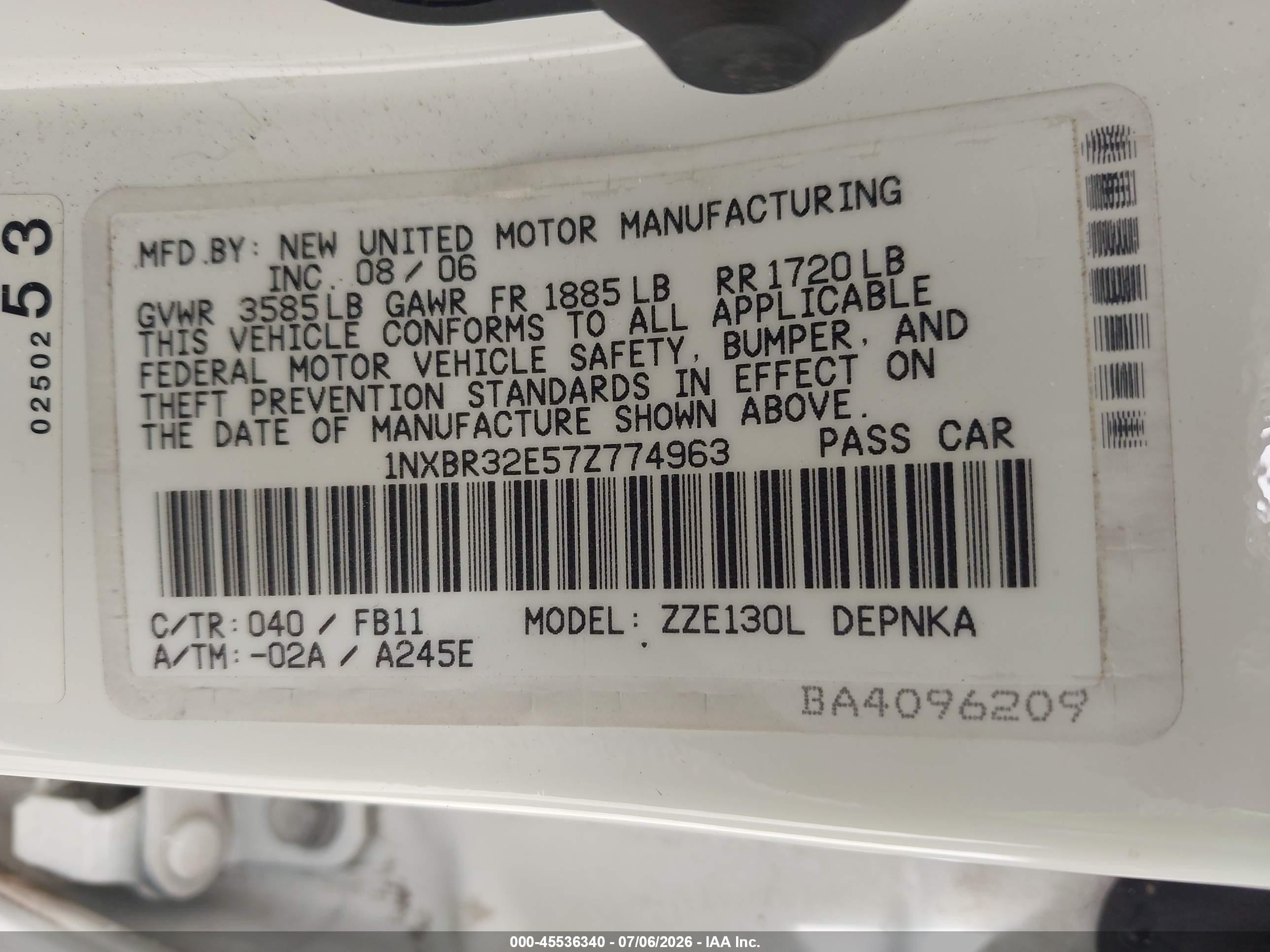 2007 Toyota Corolla Le White vin: 1NXBR32E57Z774963