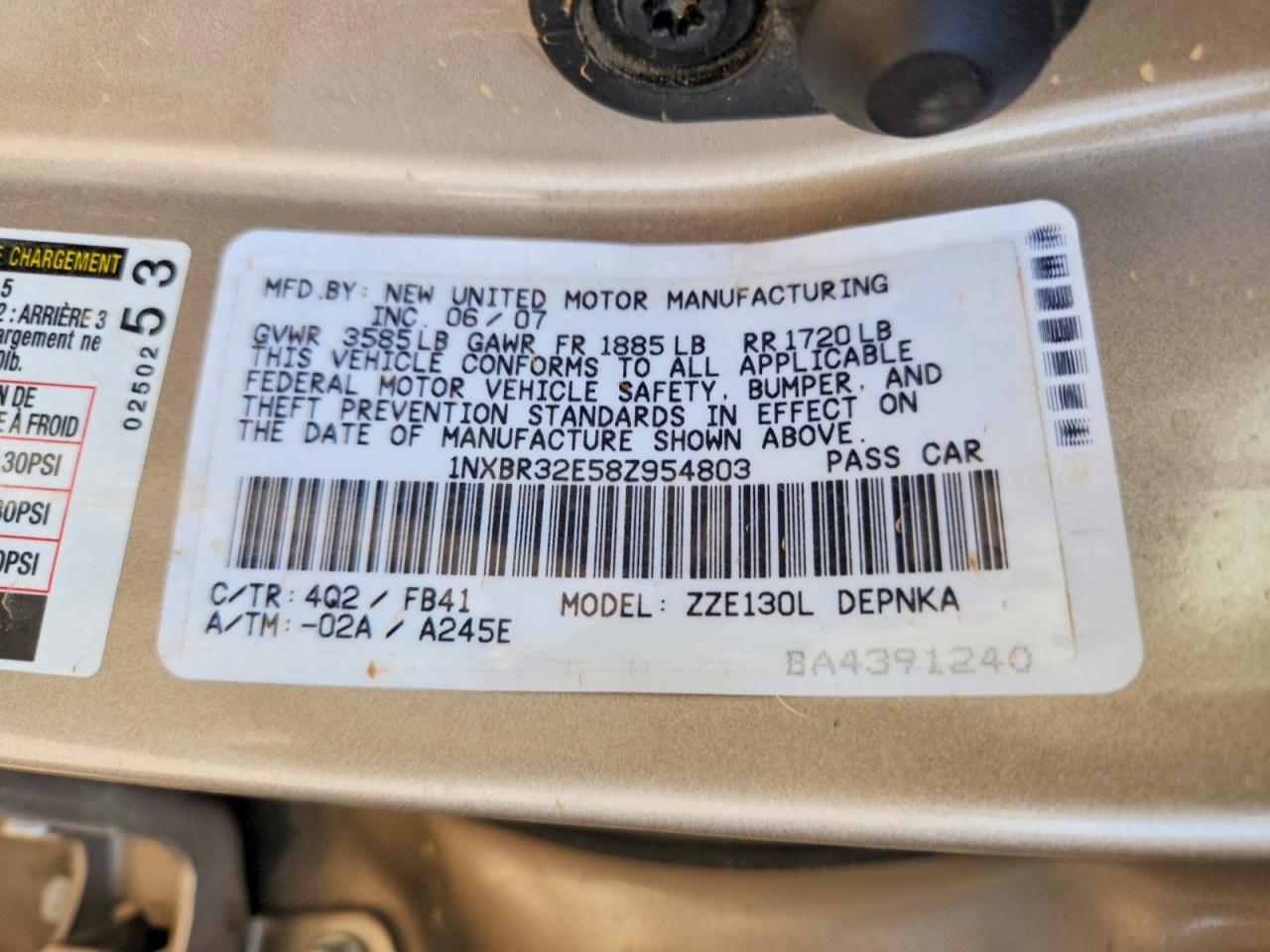 2008 Toyota Corolla Le Tan vin: 1NXBR32E58Z954803