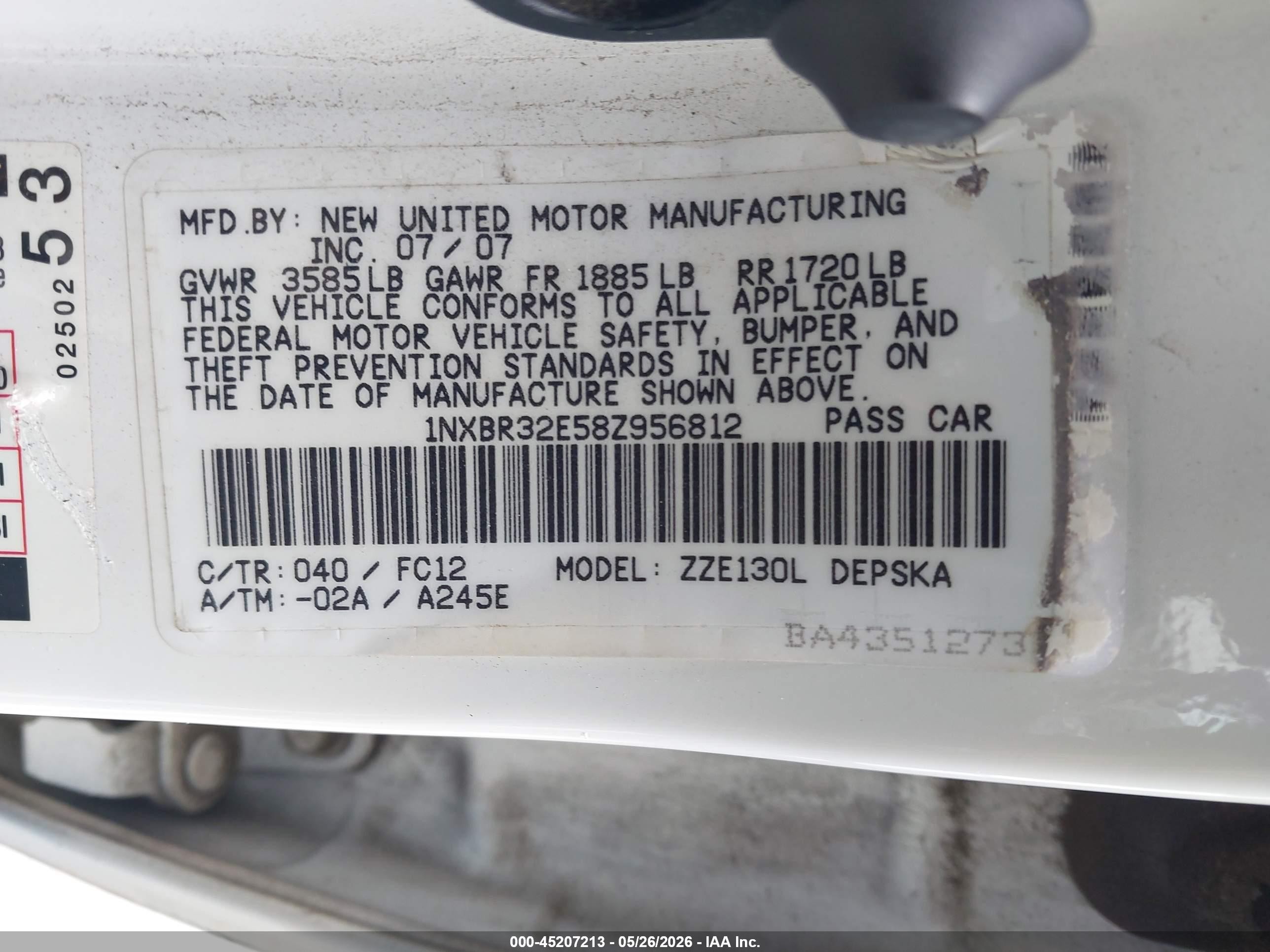 2008 Toyota Corolla S White vin: 1NXBR32E58Z956812