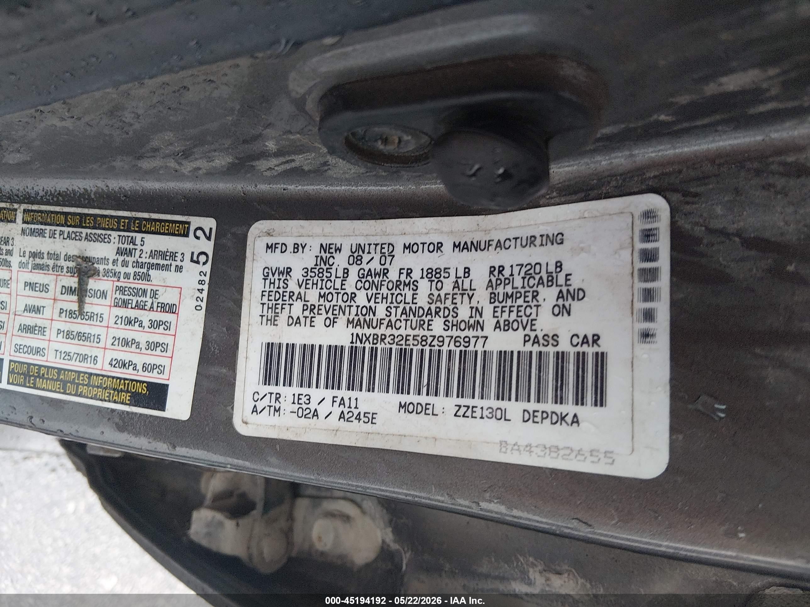 2008 Toyota Corolla Ce Gray vin: 1NXBR32E58Z976977