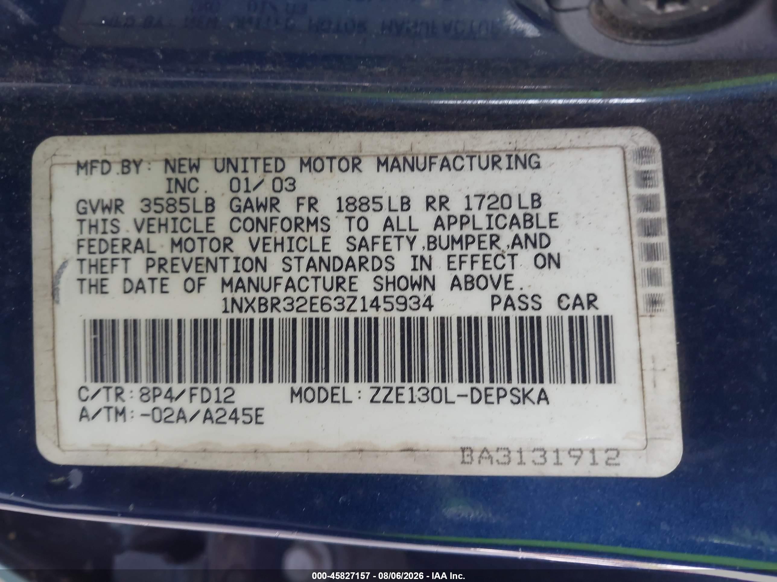 2003 Toyota Corolla S Turquoise vin: 1NXBR32E63Z145934