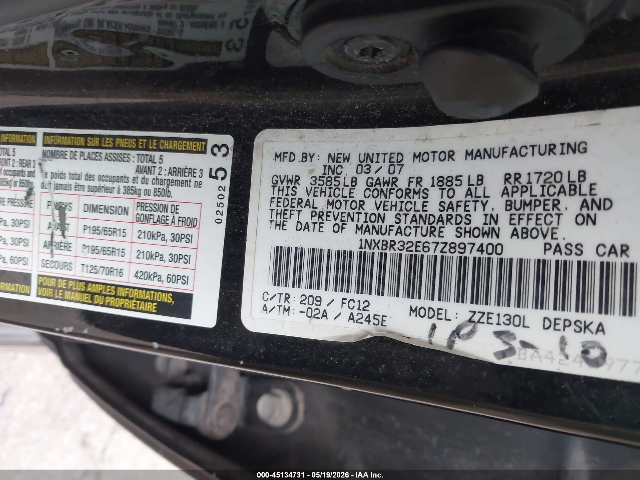 2007 Toyota Corolla S Black vin: 1NXBR32E67Z897400
