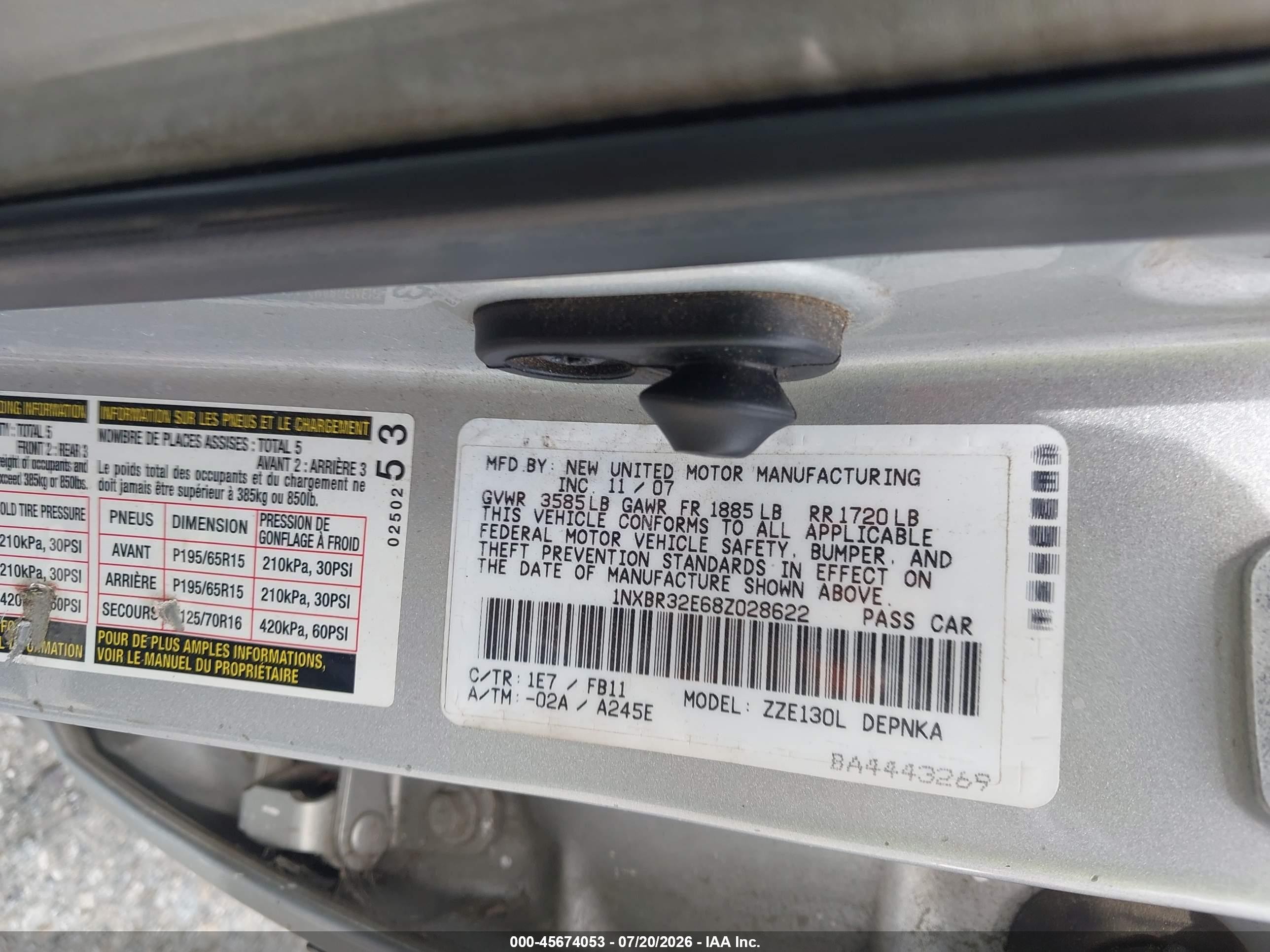 2008 Toyota Corolla Le Silver vin: 1NXBR32E68Z028622