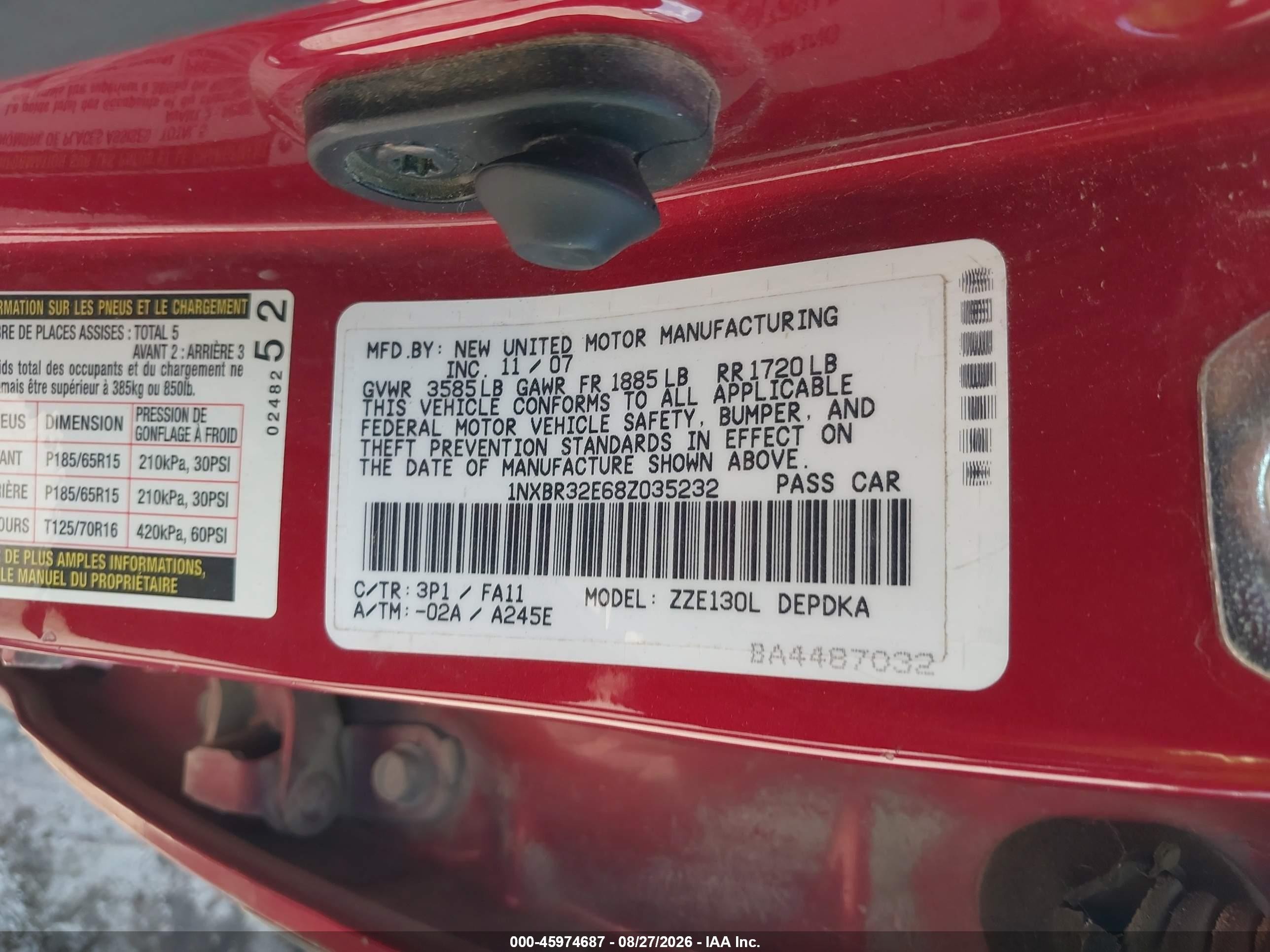 2008 Toyota Corolla Ce Red vin: 1NXBR32E68Z035232