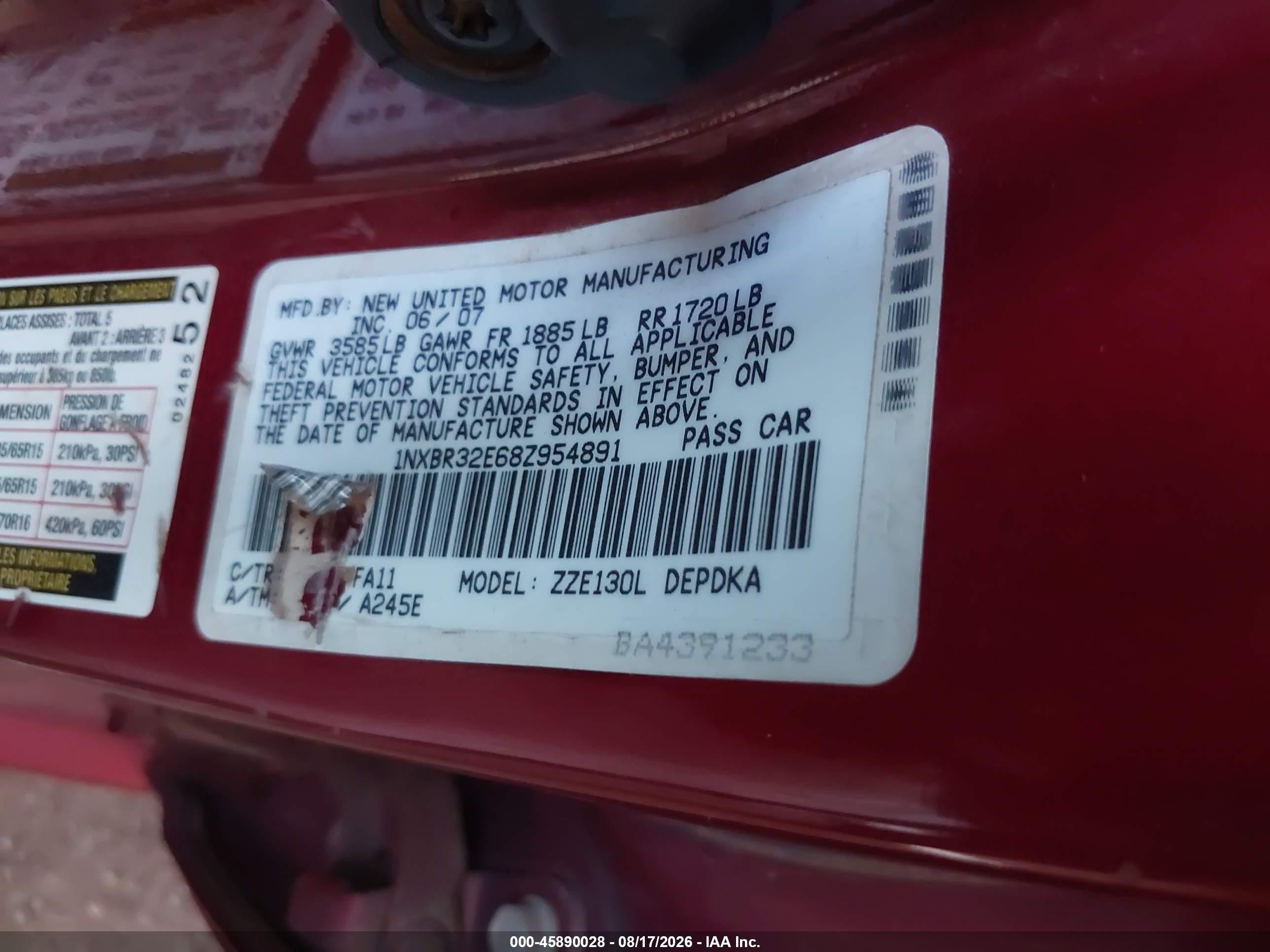 2008 Toyota Corolla Ce Red vin: 1NXBR32E68Z954891