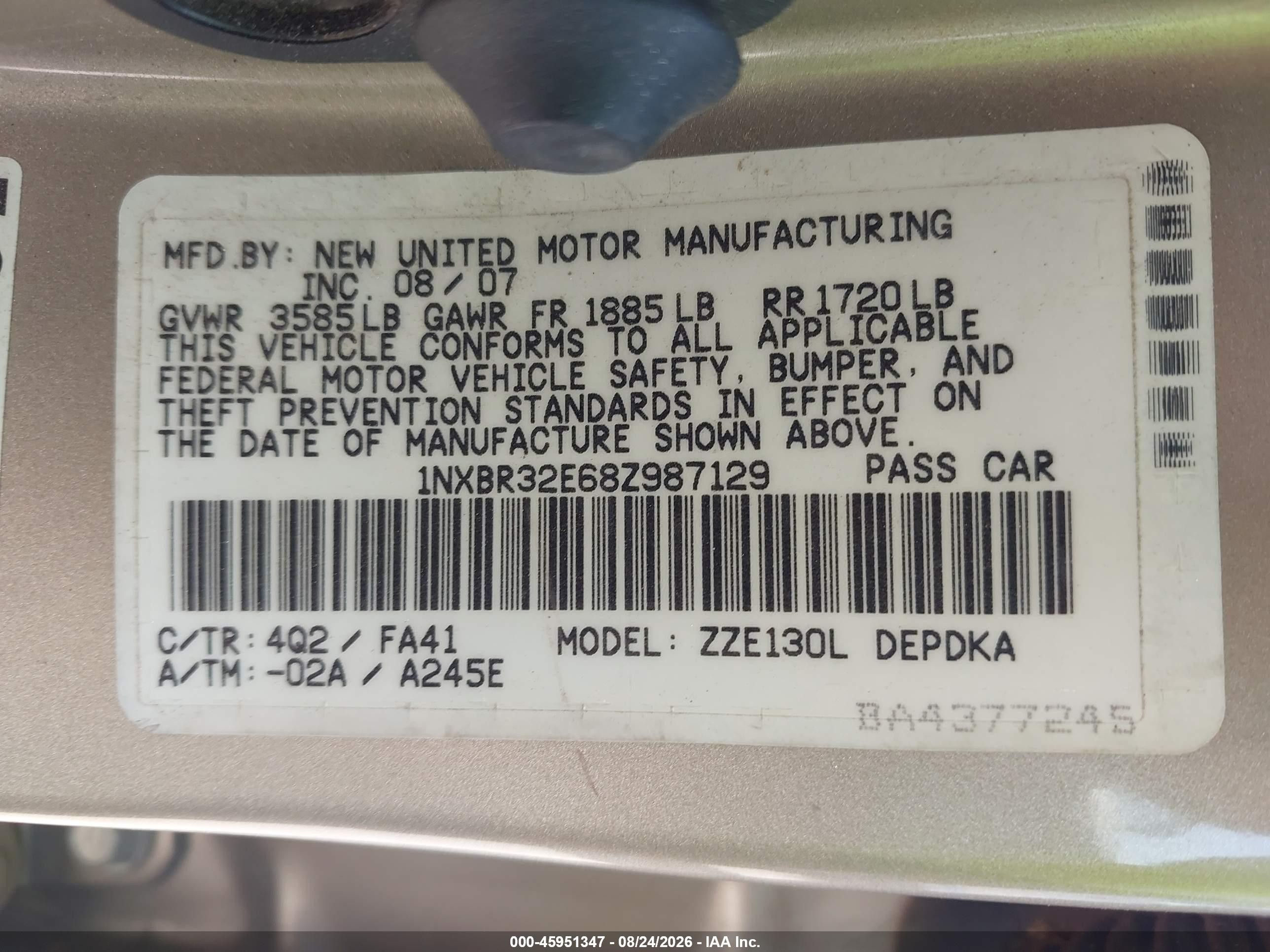 2008 Toyota Corolla Ce Beige vin: 1NXBR32E68Z987129
