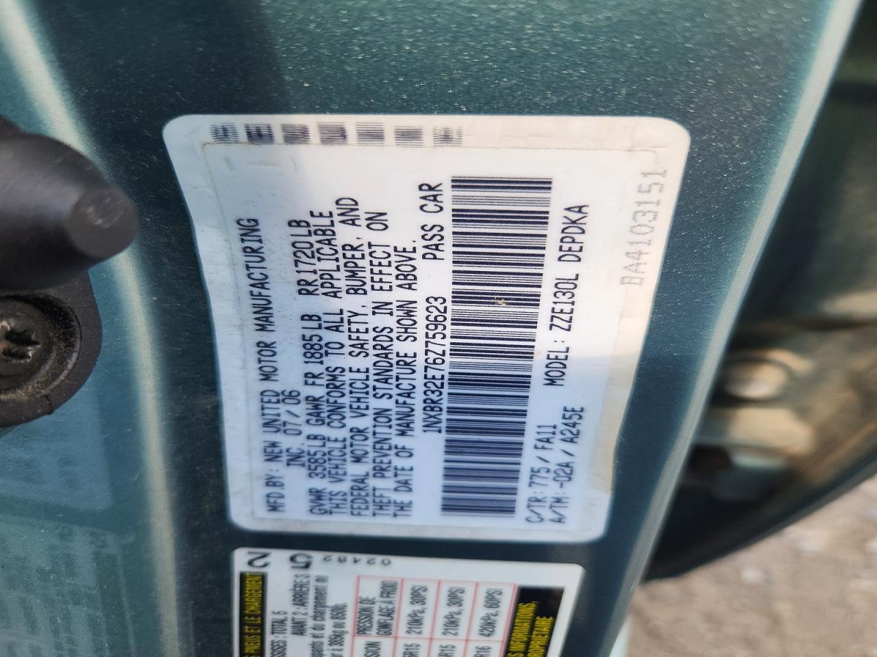 2006 Toyota Corolla Ce Turquoise vin: 1NXBR32E76Z759623