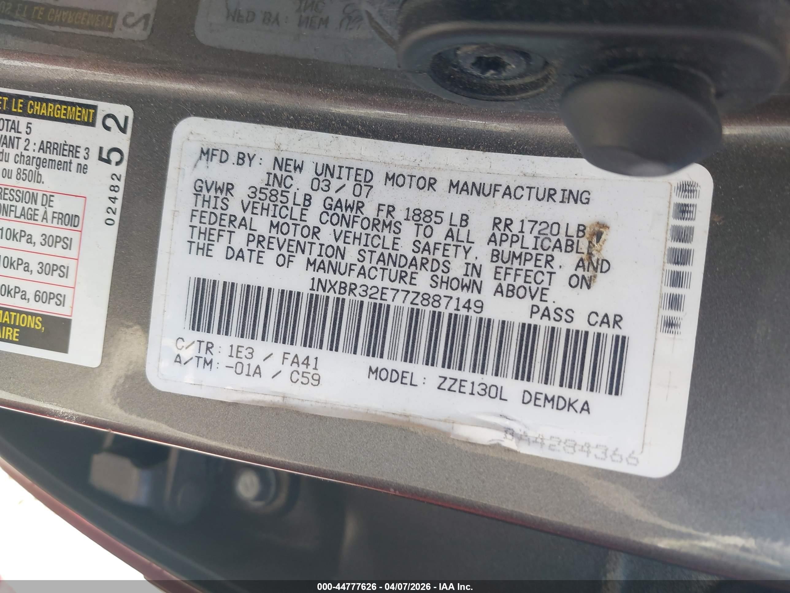 2007 Toyota Corolla Ce Gray vin: 1NXBR32E77Z887149