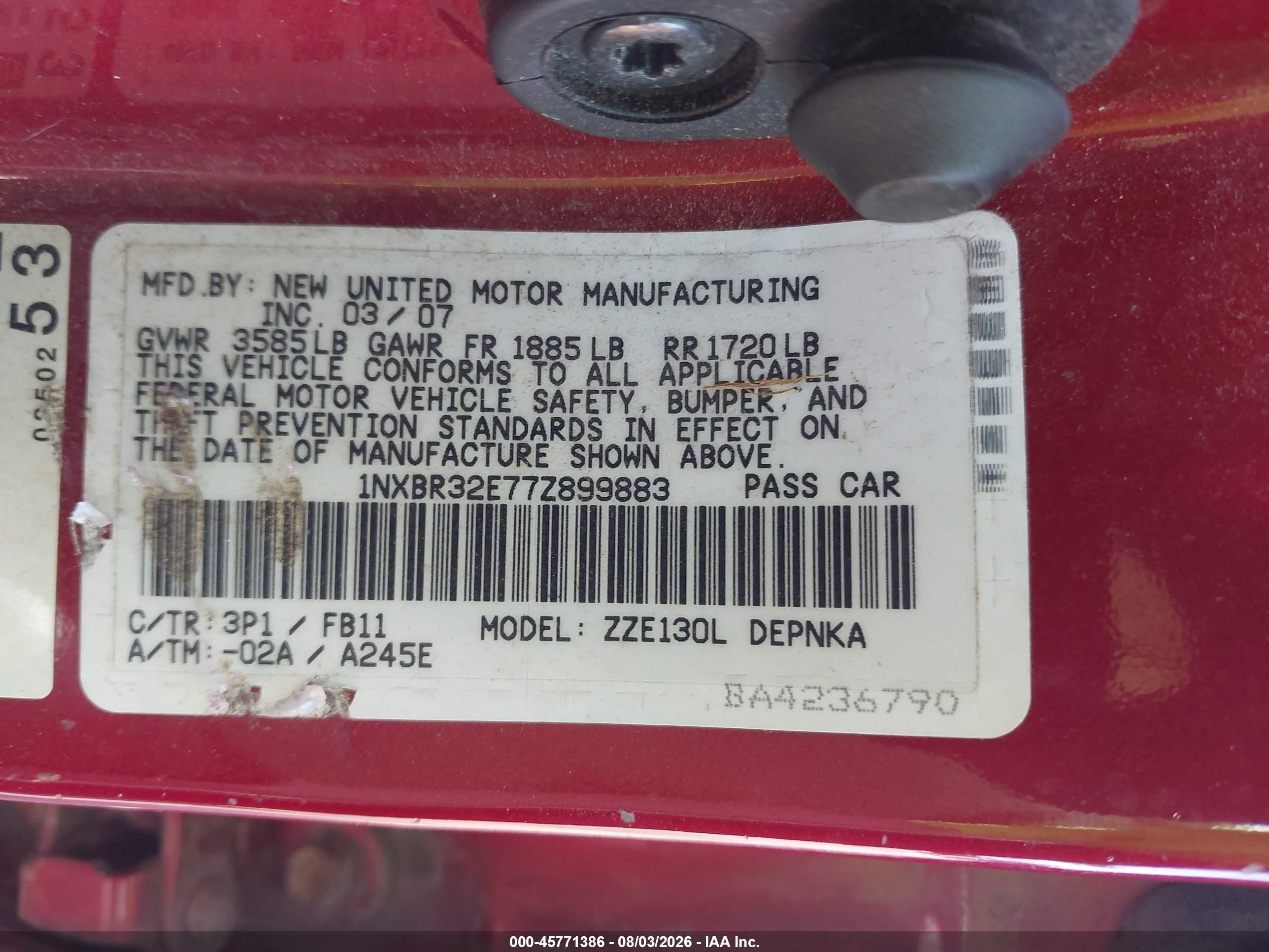 2007 Toyota Corolla Le Red vin: 1NXBR32E77Z899883