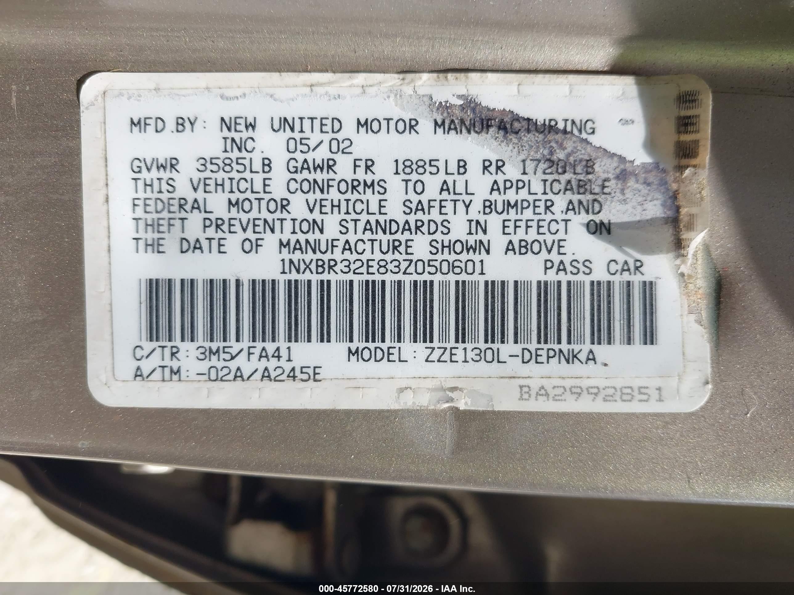2003 Toyota Corolla Le Tan vin: 1NXBR32E83Z050601