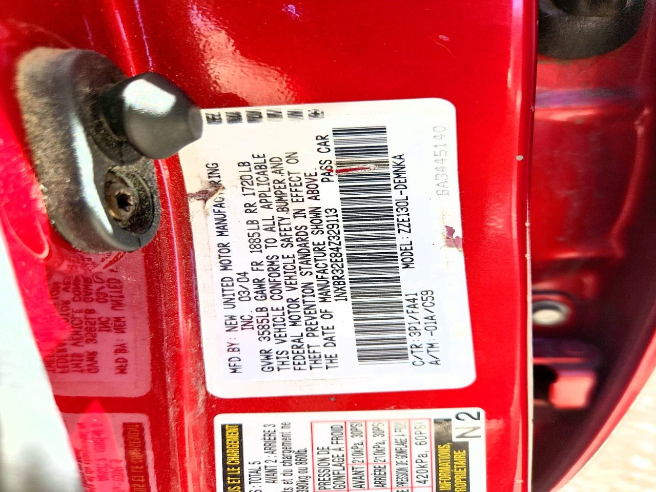 2004 Toyota Corolla Le Red vin: 1NXBR32E84Z329113