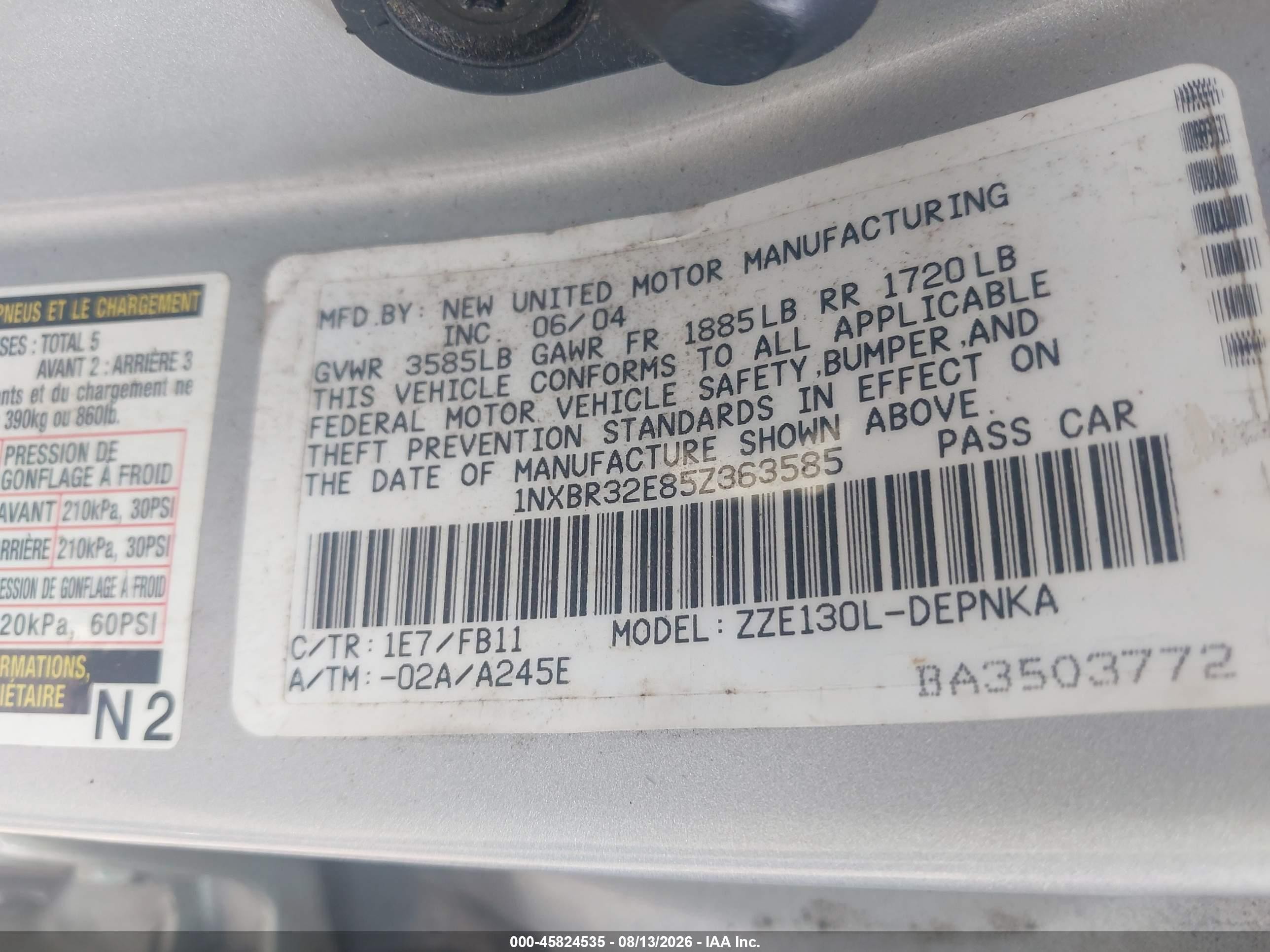 2005 Toyota Corolla Le Silver vin: 1NXBR32E85Z363585