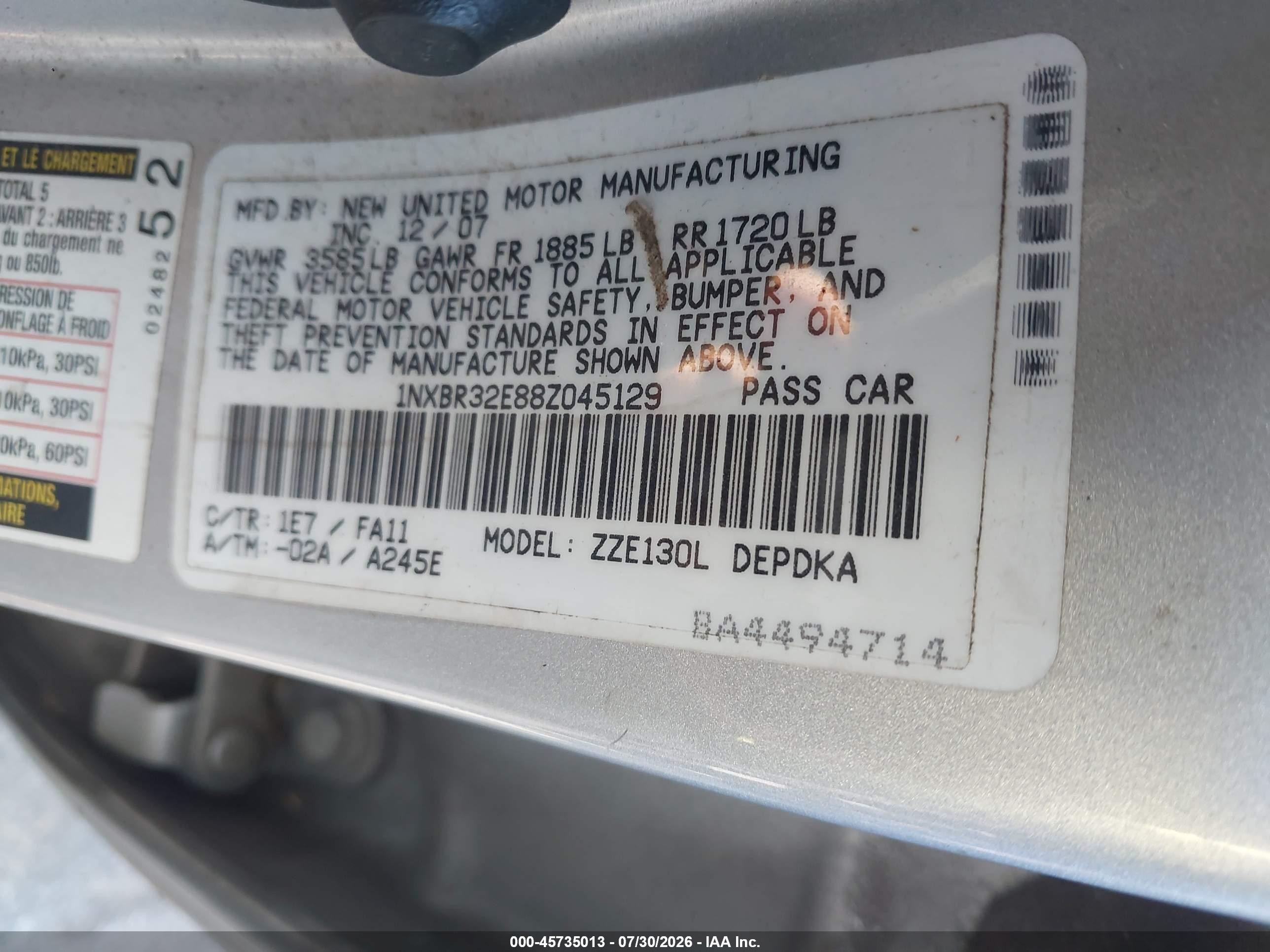2008 Toyota Corolla Ce Серый vin: 1NXBR32E88Z045129