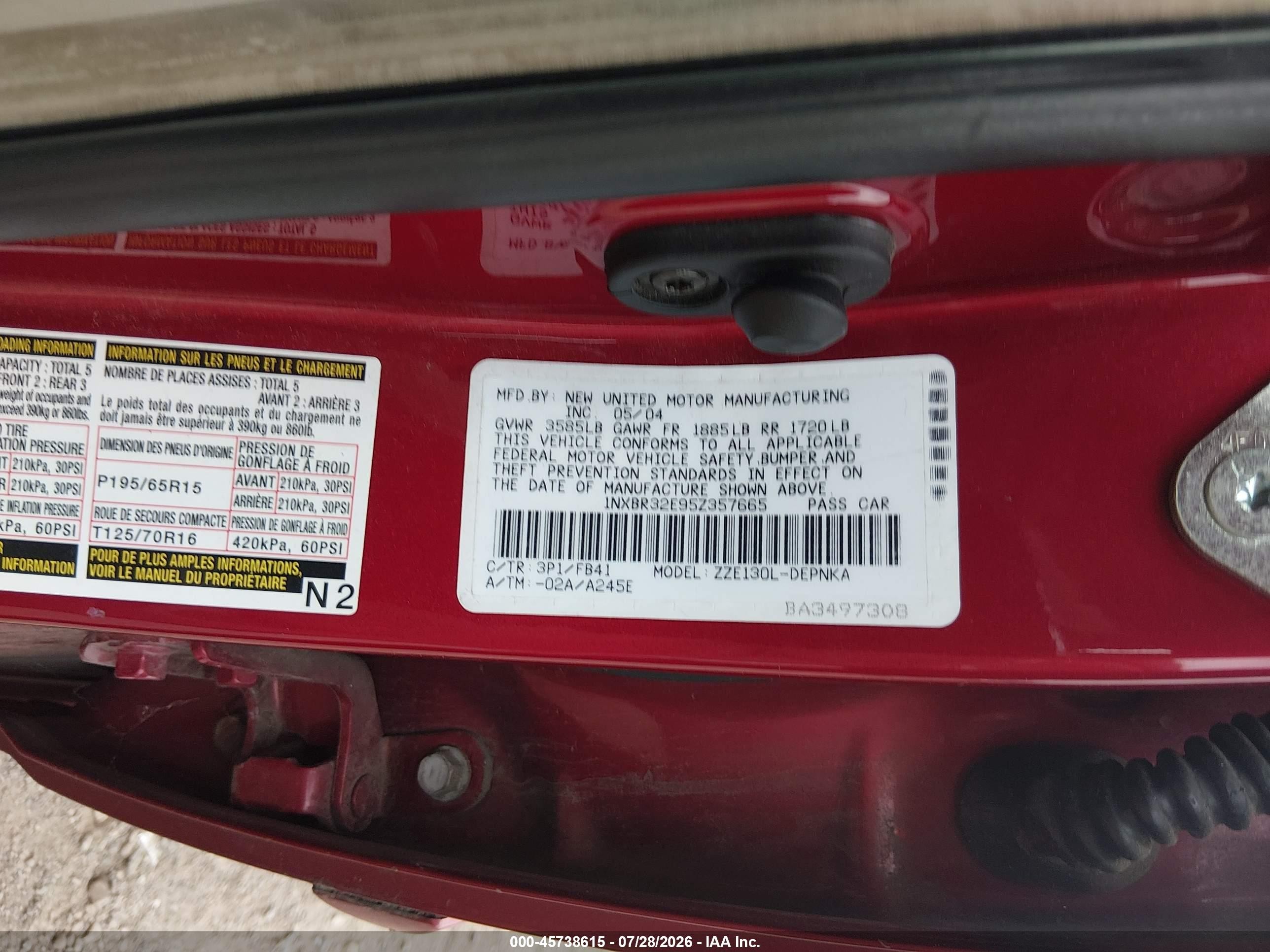 2005 Toyota Corolla Le Red vin: 1NXBR32E95Z357665
