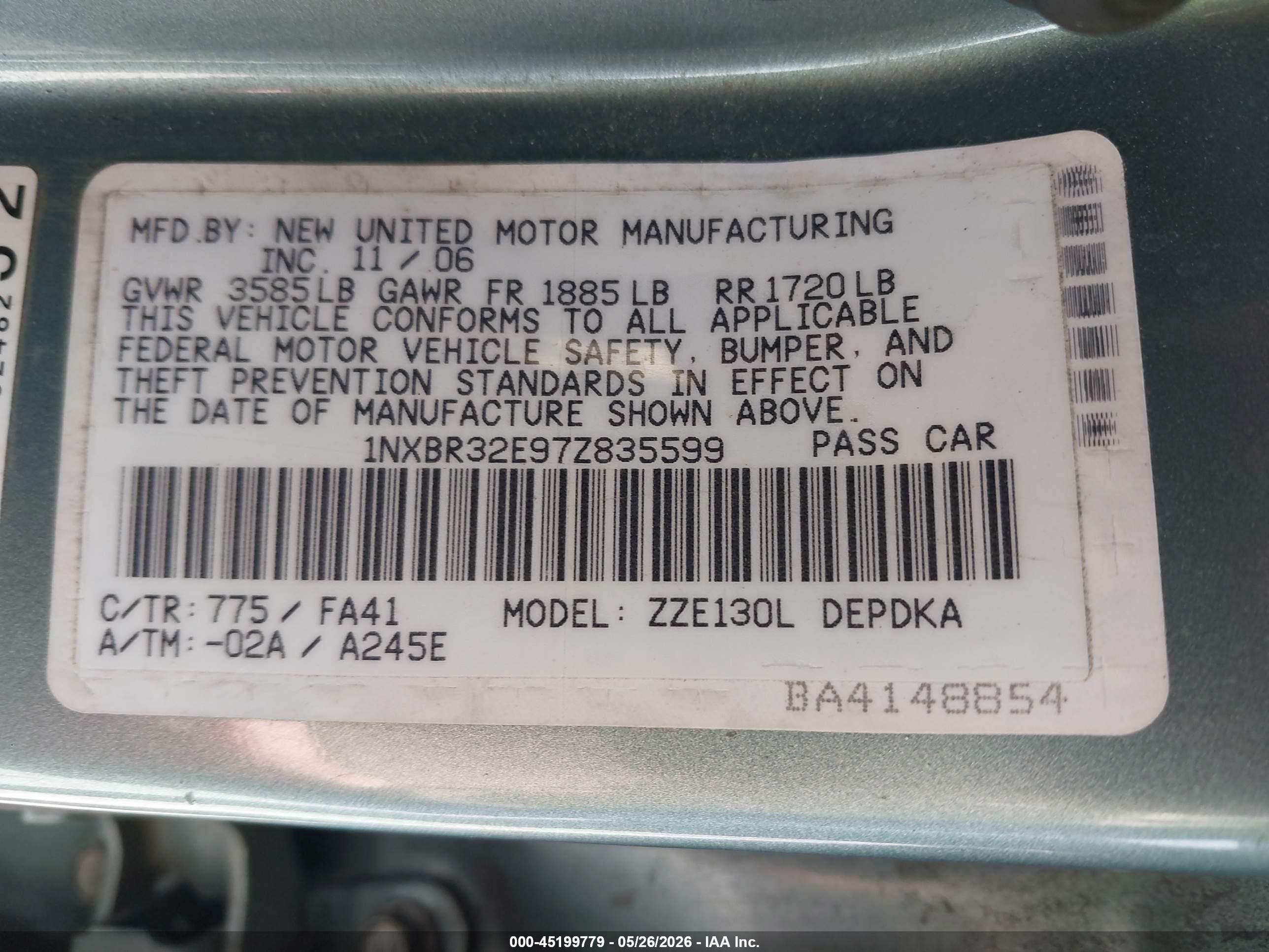 2007 Toyota Corolla Ce Light Blue vin: 1NXBR32E97Z835599