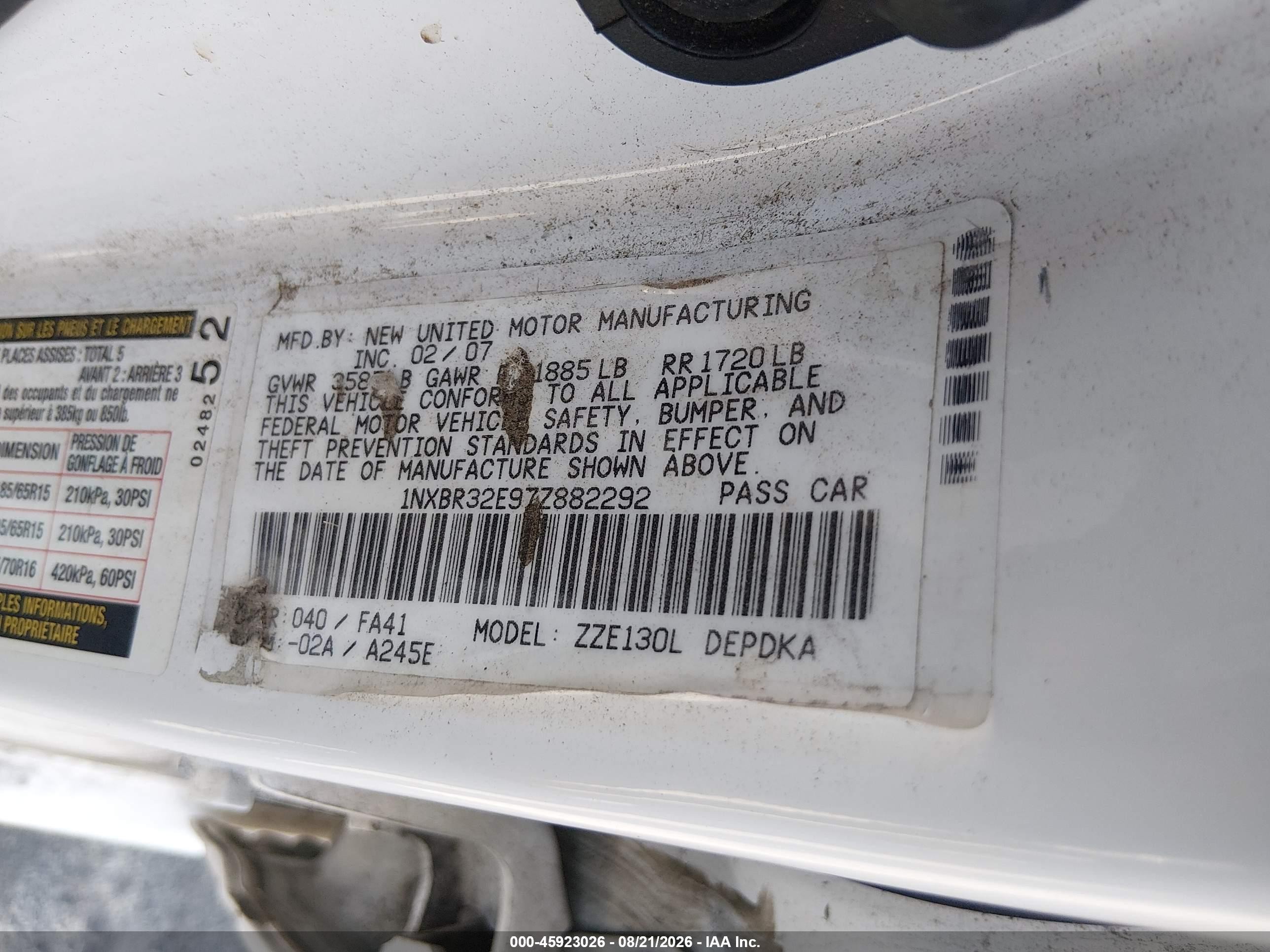 2007 Toyota Corolla Ce White vin: 1NXBR32E97Z882292