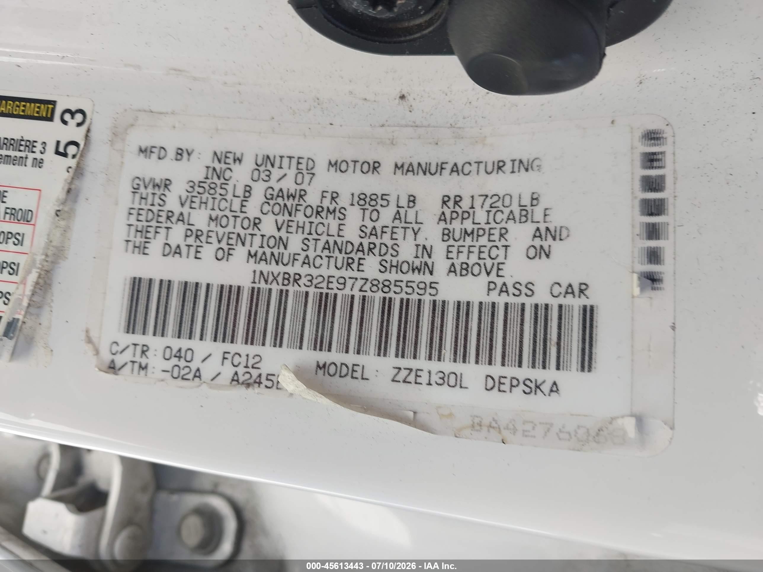 2007 Toyota Corolla S White vin: 1NXBR32E97Z885595