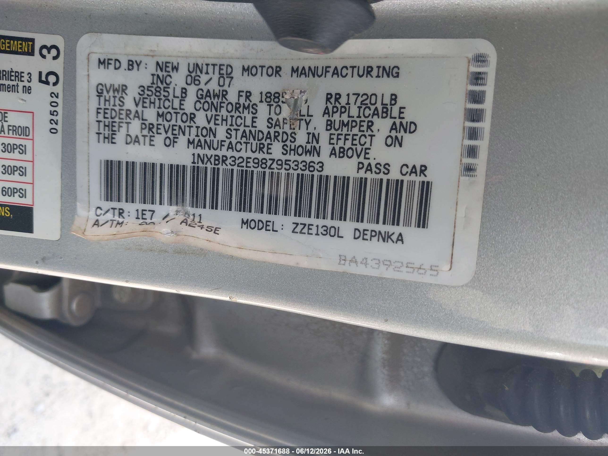 2008 Toyota Corolla Le Silver vin: 1NXBR32E98Z953363