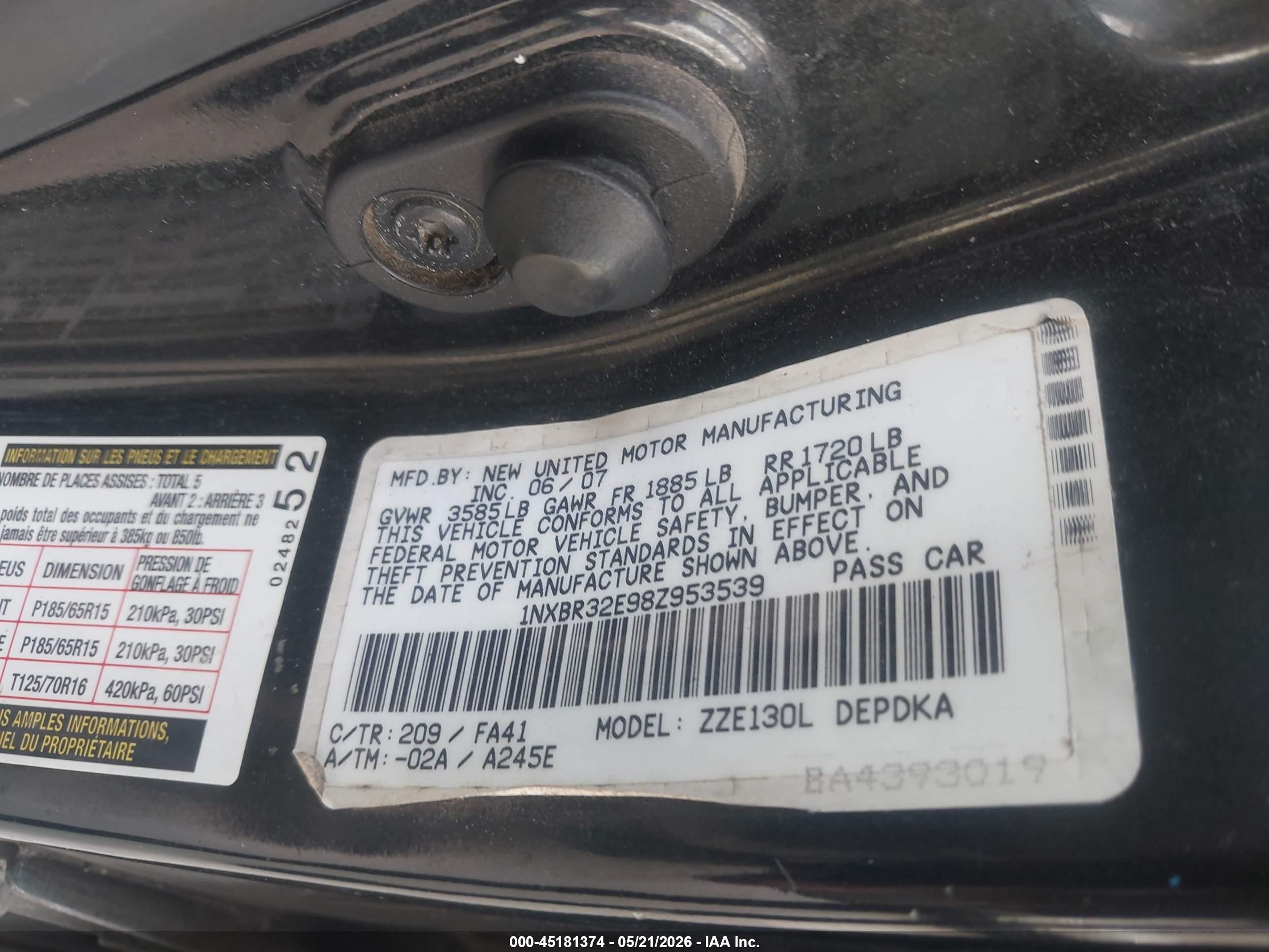 2008 Toyota Corolla Ce Black vin: 1NXBR32E98Z953539