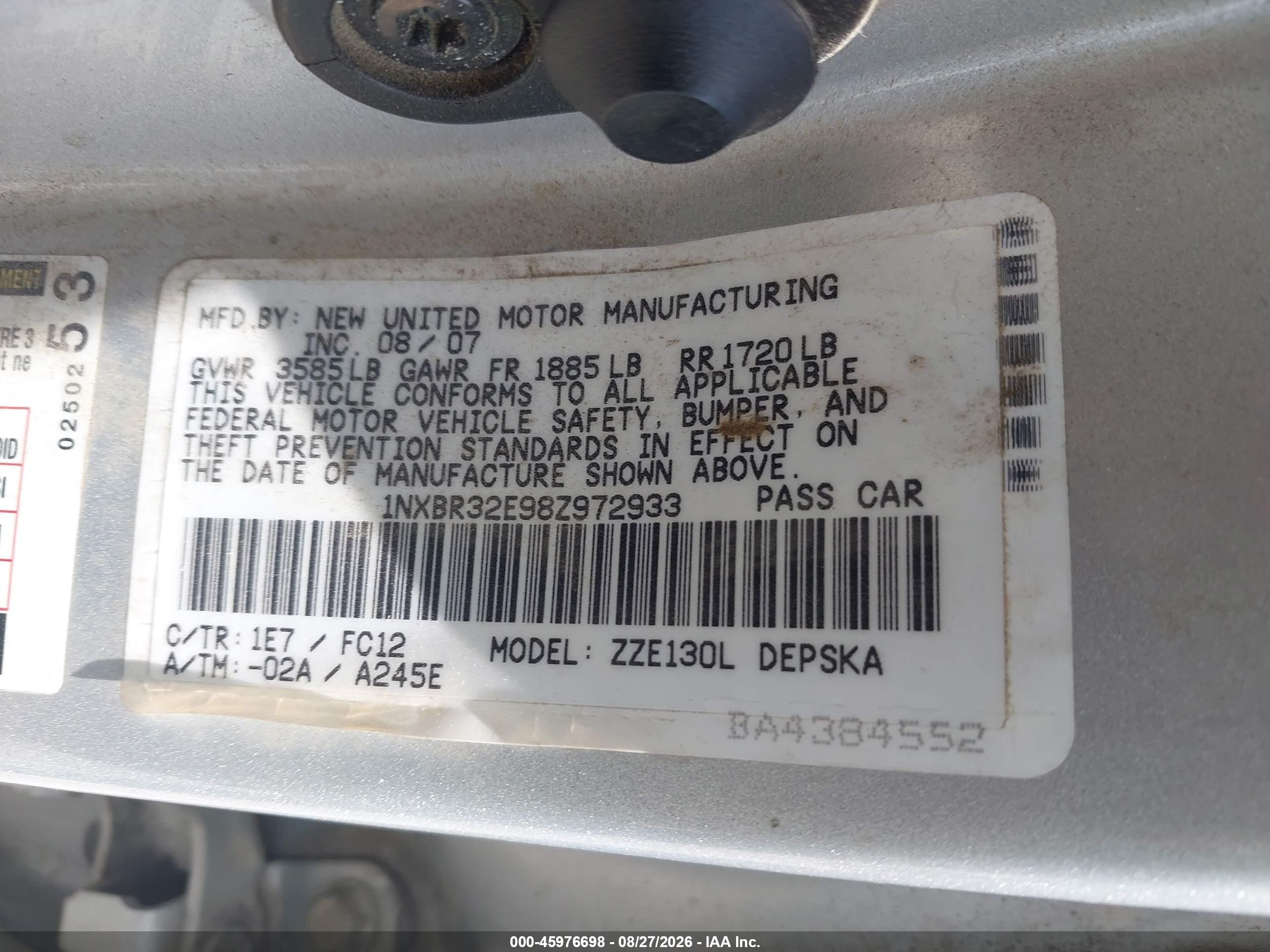 2008 Toyota Corolla S Silver vin: 1NXBR32E98Z972933