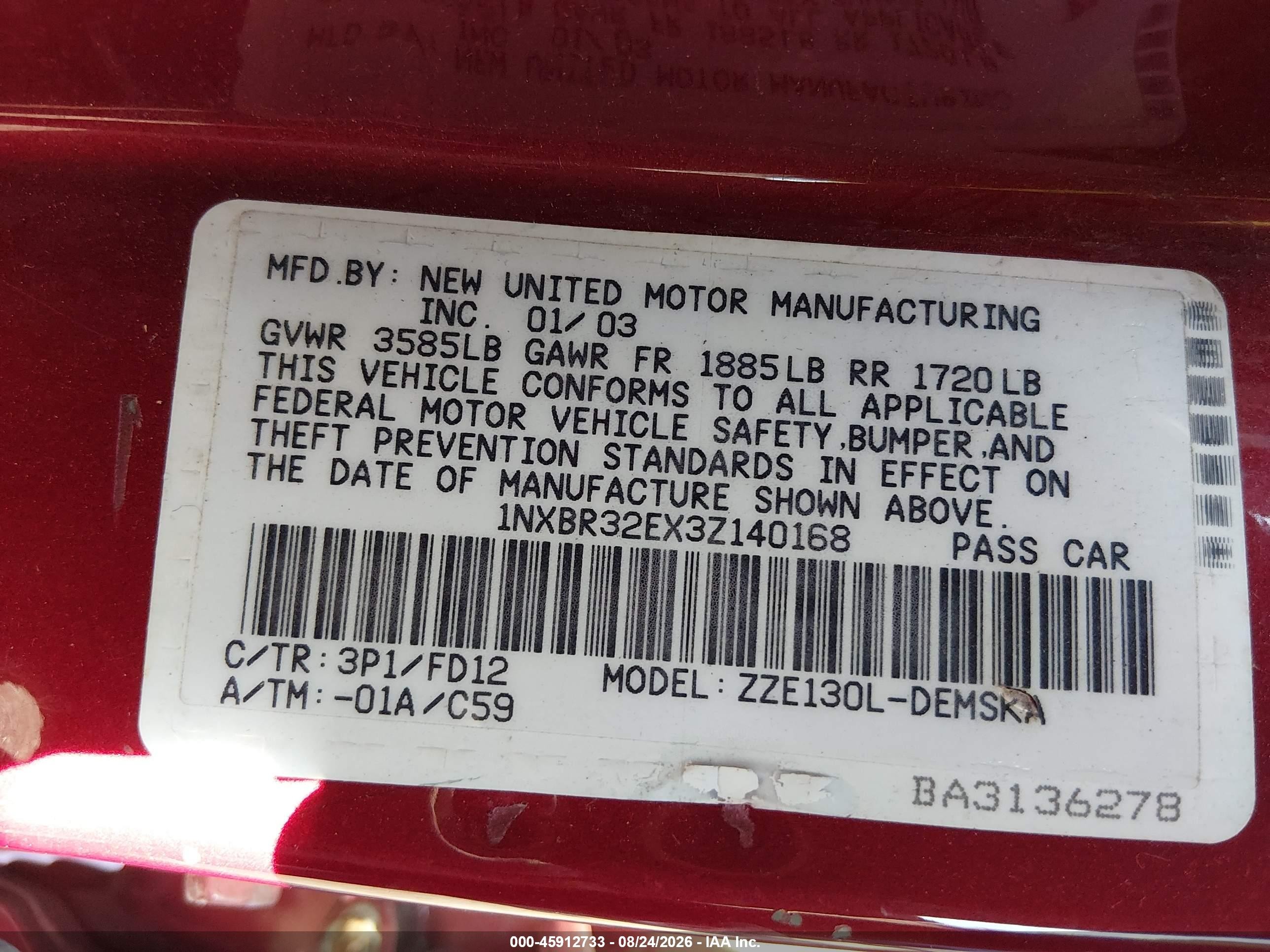 2003 Toyota Corolla S Red vin: 1NXBR32EX3Z140168