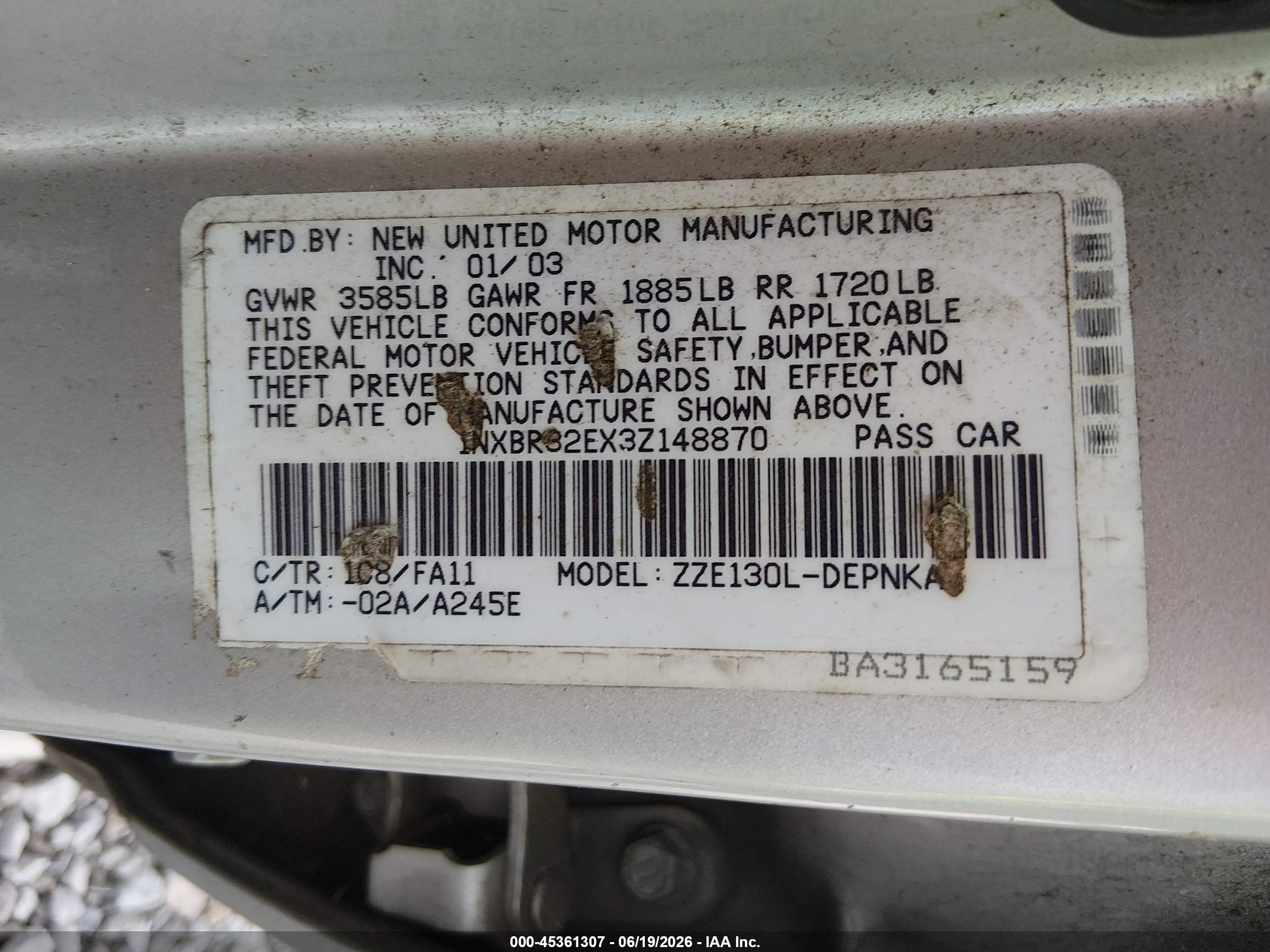2003 Toyota Corolla Le Silver vin: 1NXBR32EX3Z148870