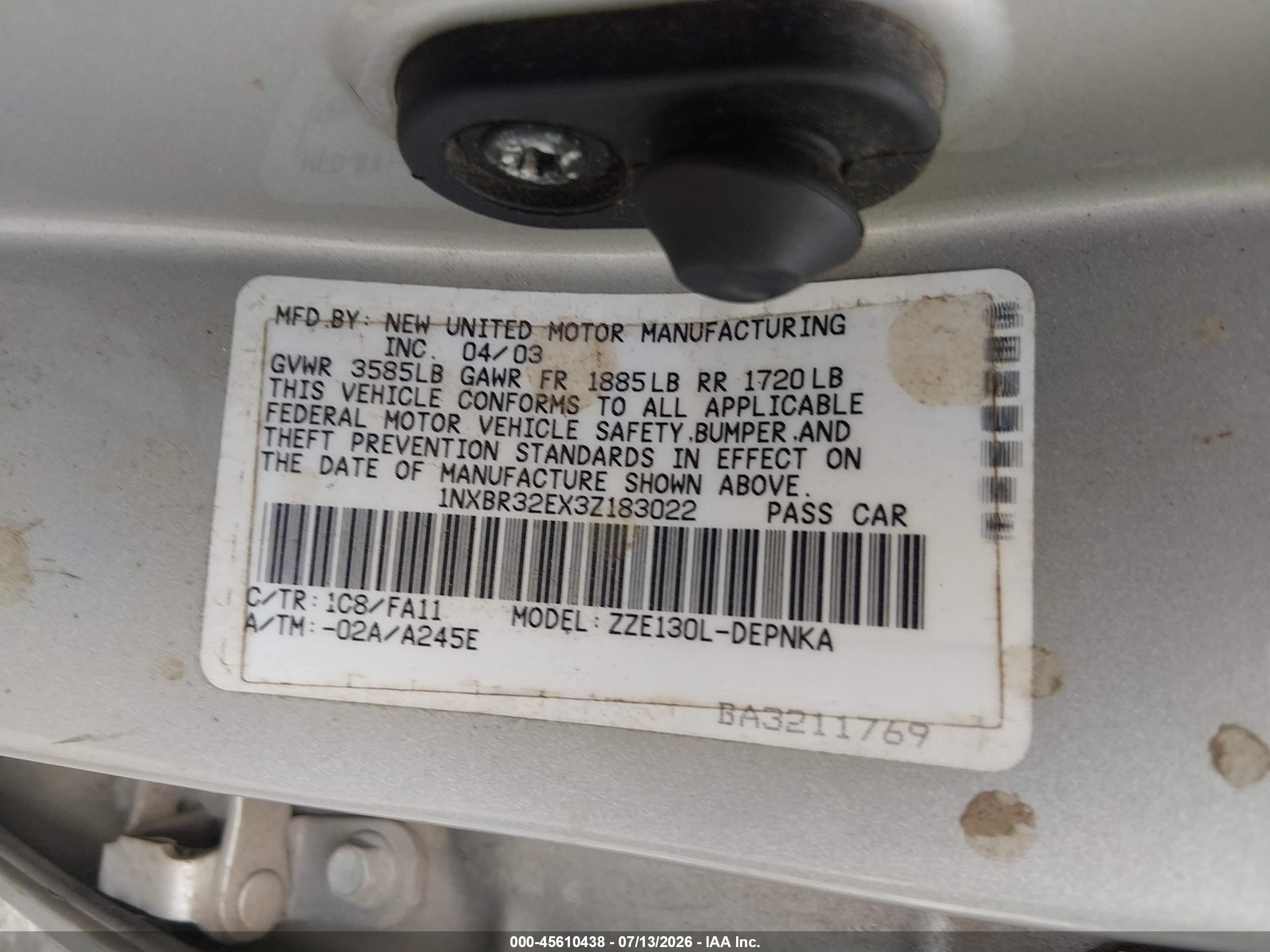 2003 Toyota Corolla Le Silver vin: 1NXBR32EX3Z183022