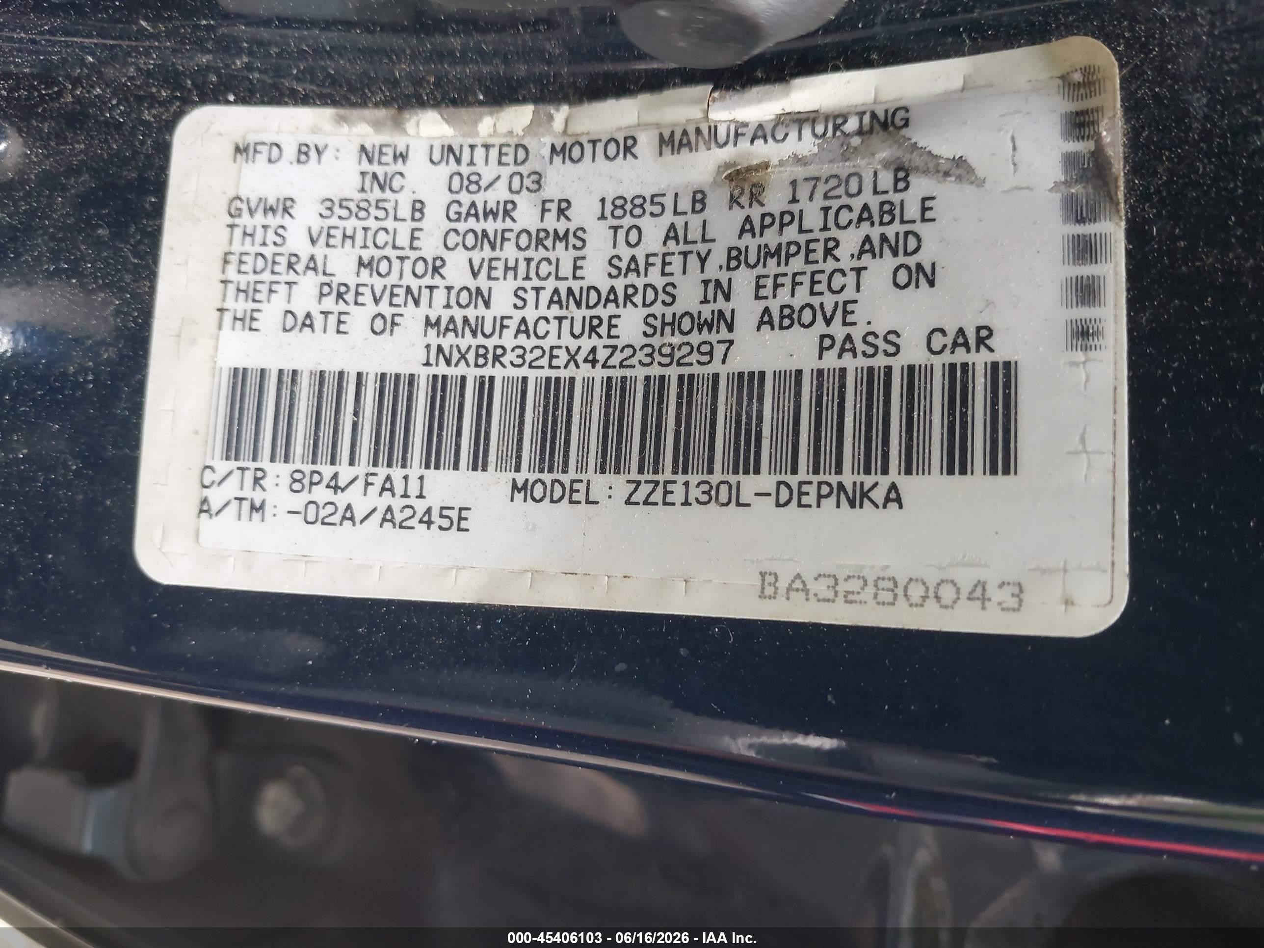 2004 Toyota Corolla Le Blue vin: 1NXBR32EX4Z239297