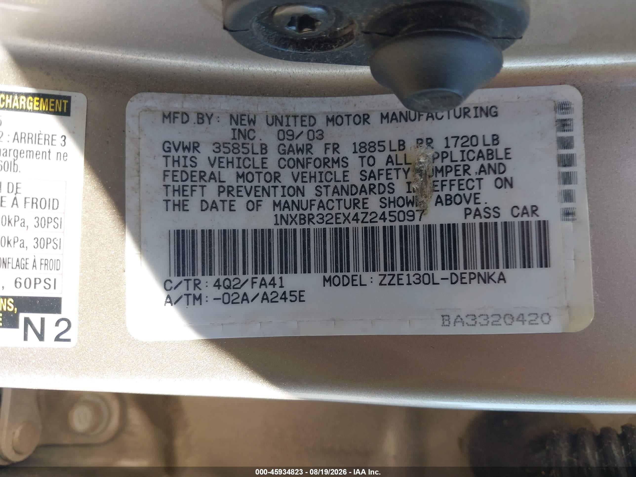 2004 Toyota Corolla Le Tan vin: 1NXBR32EX4Z245097