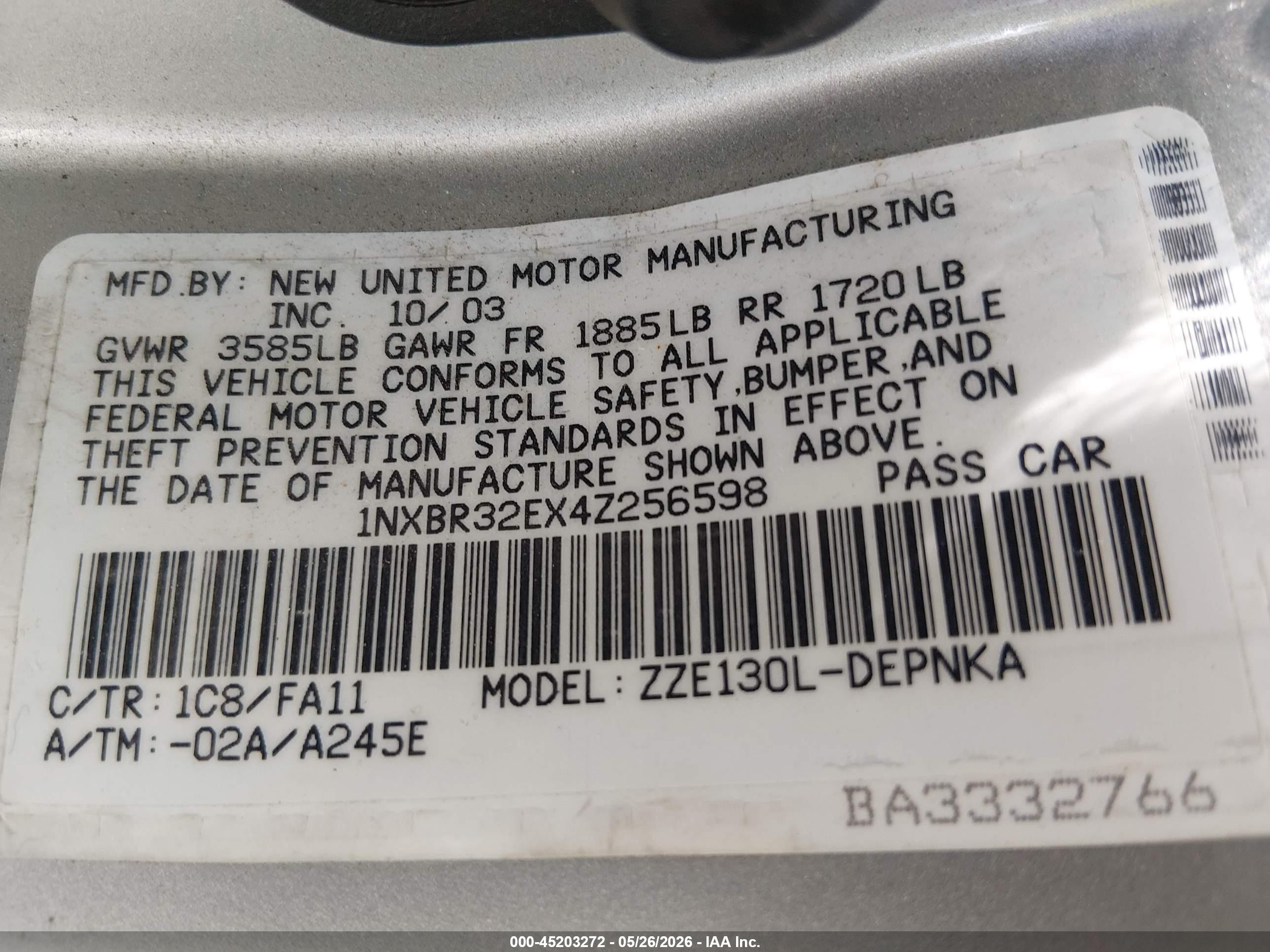 2004 Toyota Corolla Le Silver vin: 1NXBR32EX4Z256598