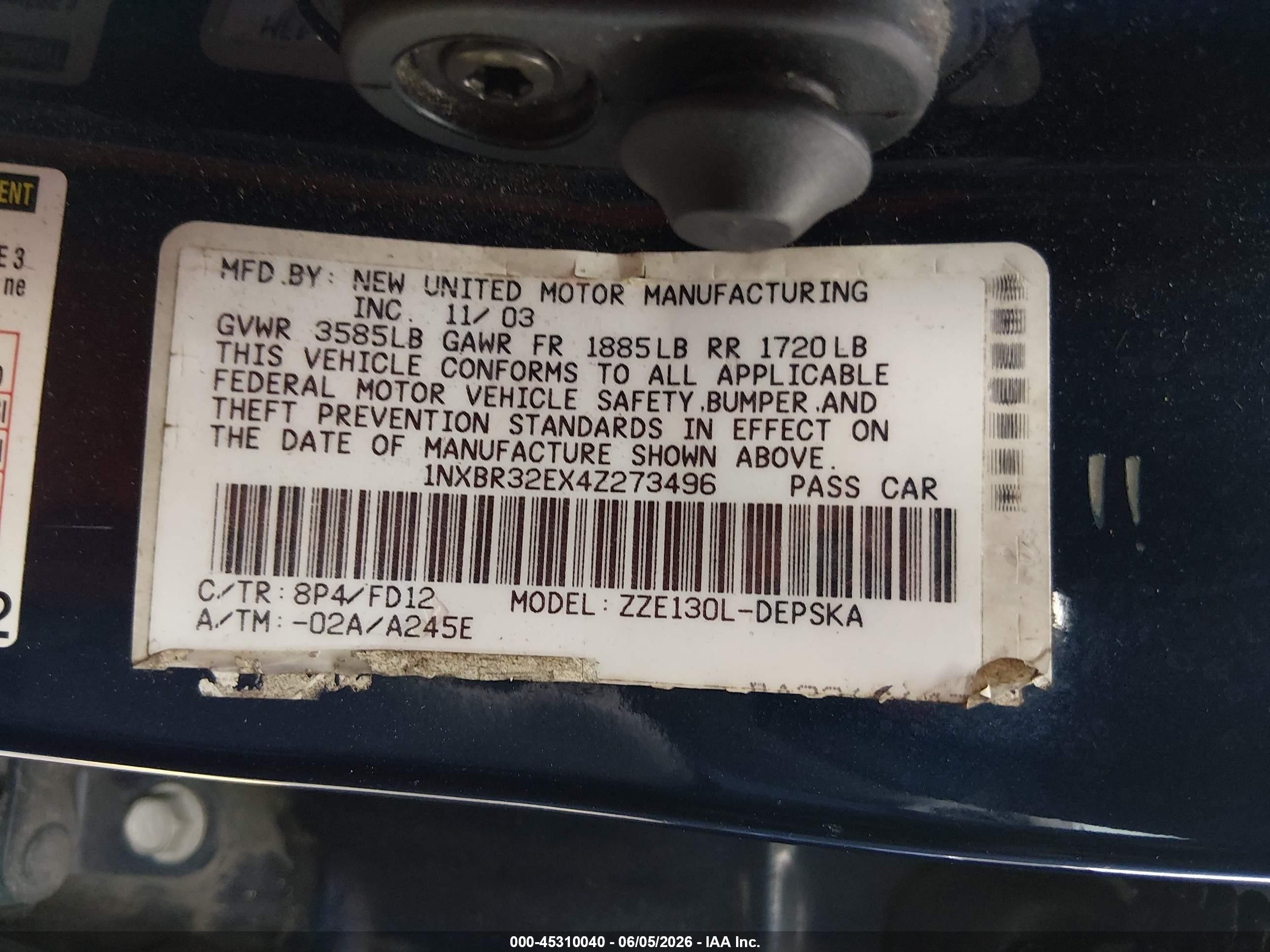 2004 Toyota Corolla S Blue vin: 1NXBR32EX4Z273496
