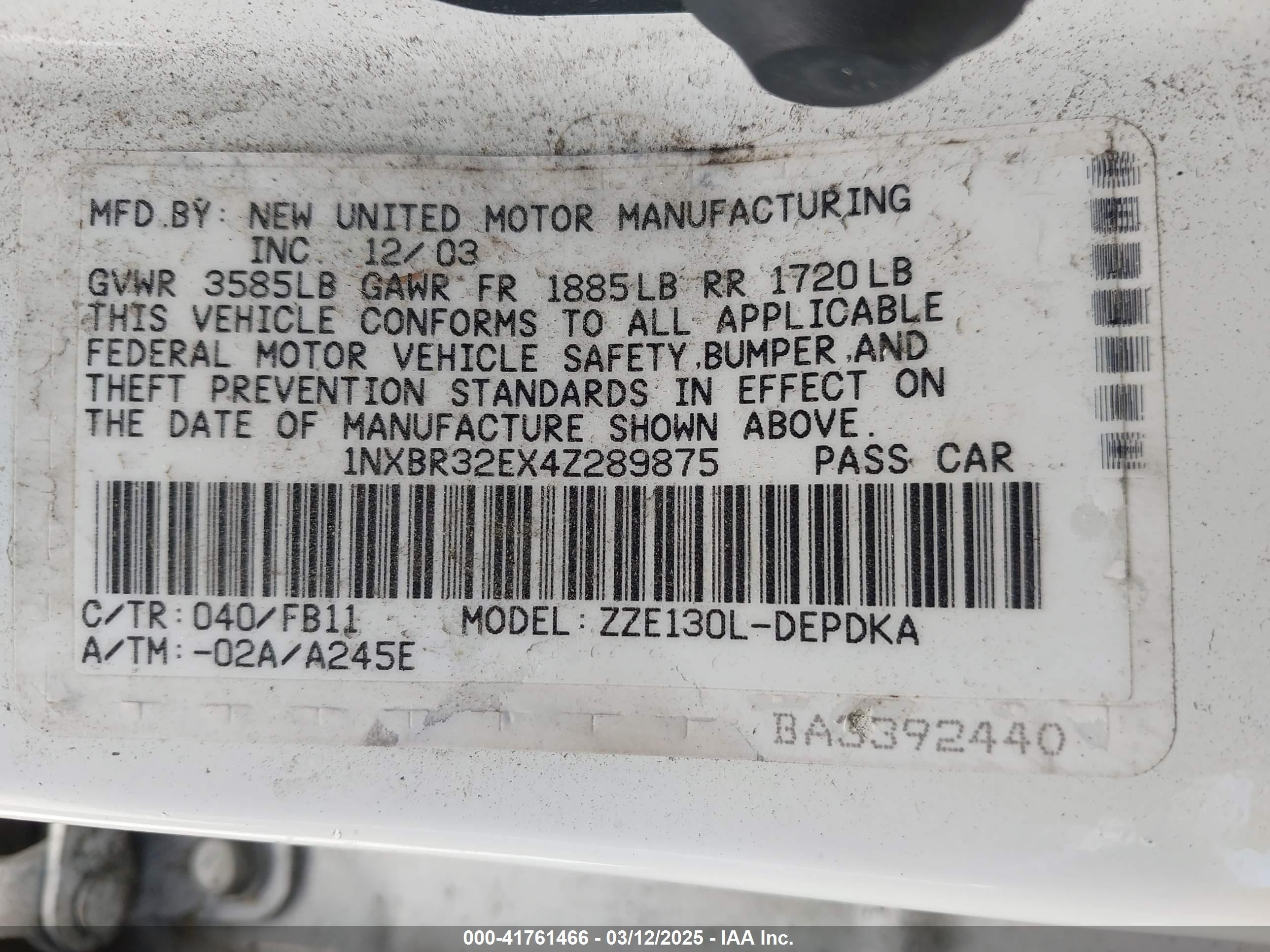 2004 Toyota Corolla Ce White vin: 1NXBR32EX4Z289875