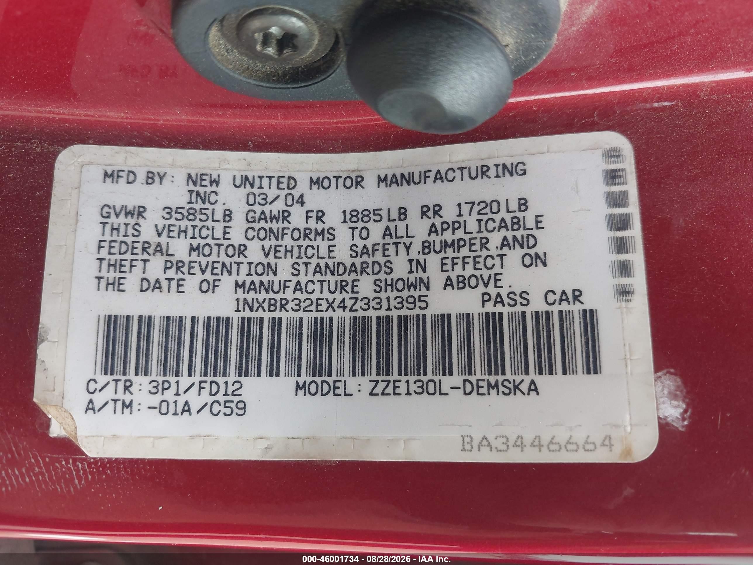 2004 Toyota Corolla S Red vin: 1NXBR32EX4Z331395