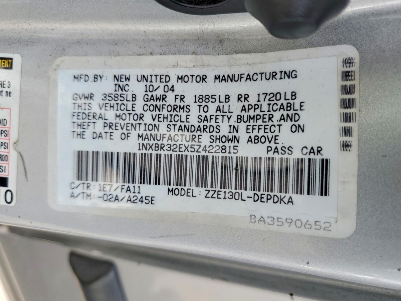2005 Toyota Corolla Ce Silver vin: 1NXBR32EX5Z422815