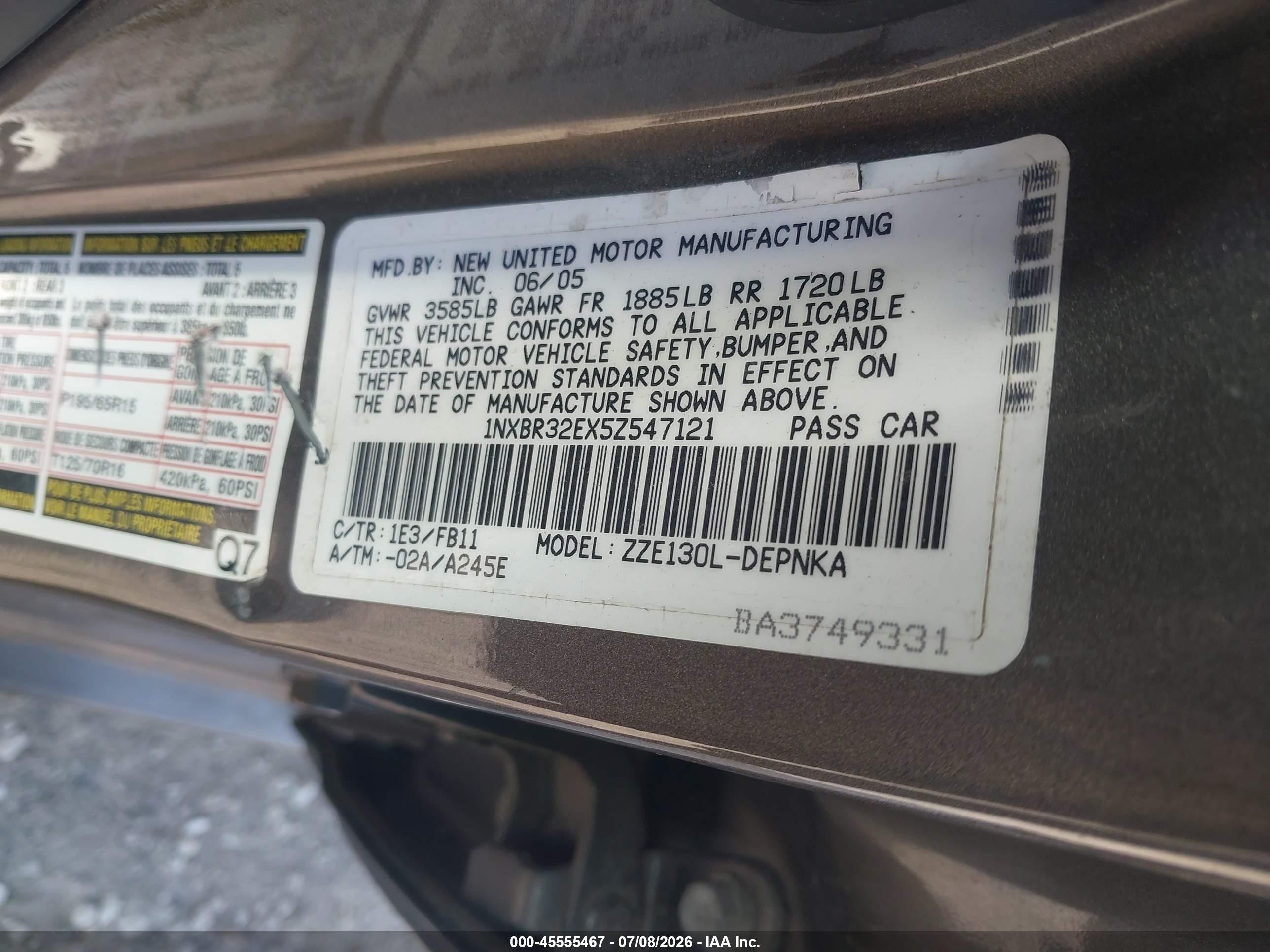 2005 Toyota Corolla Le Gray vin: 1NXBR32EX5Z547121