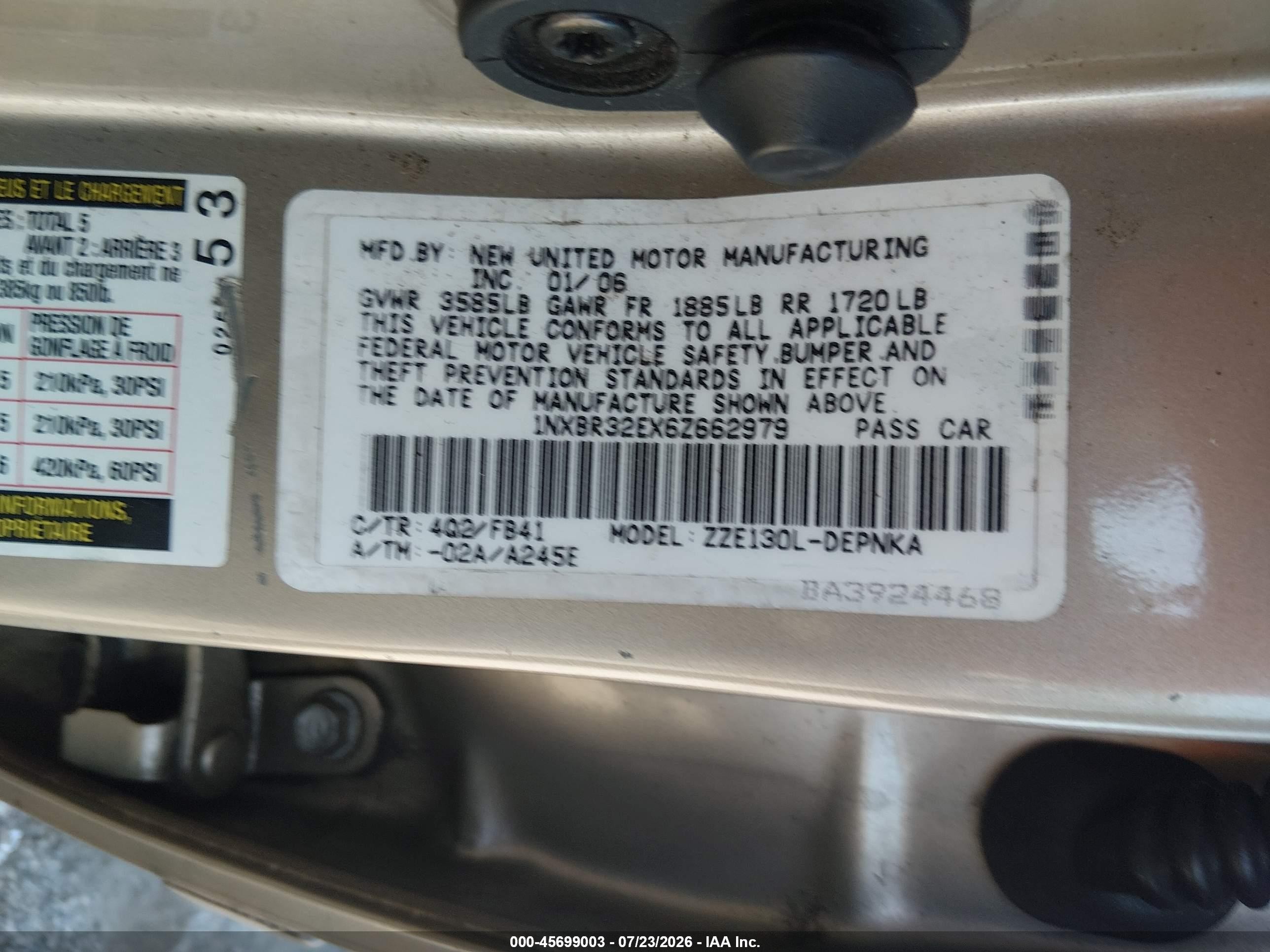 2006 Toyota Corolla Le Tan vin: 1NXBR32EX6Z662979