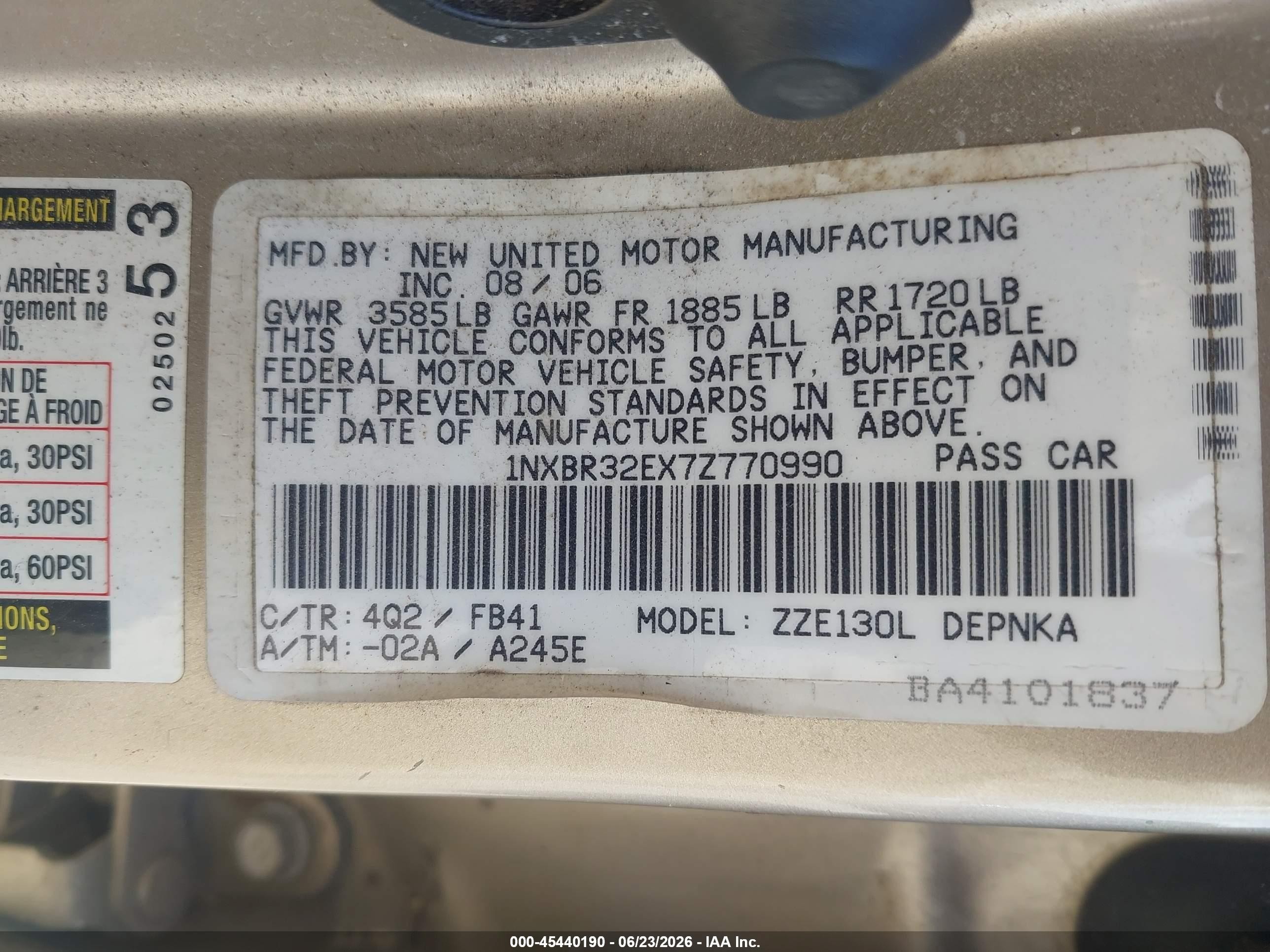 2007 Toyota Corolla Le Tan vin: 1NXBR32EX7Z770990