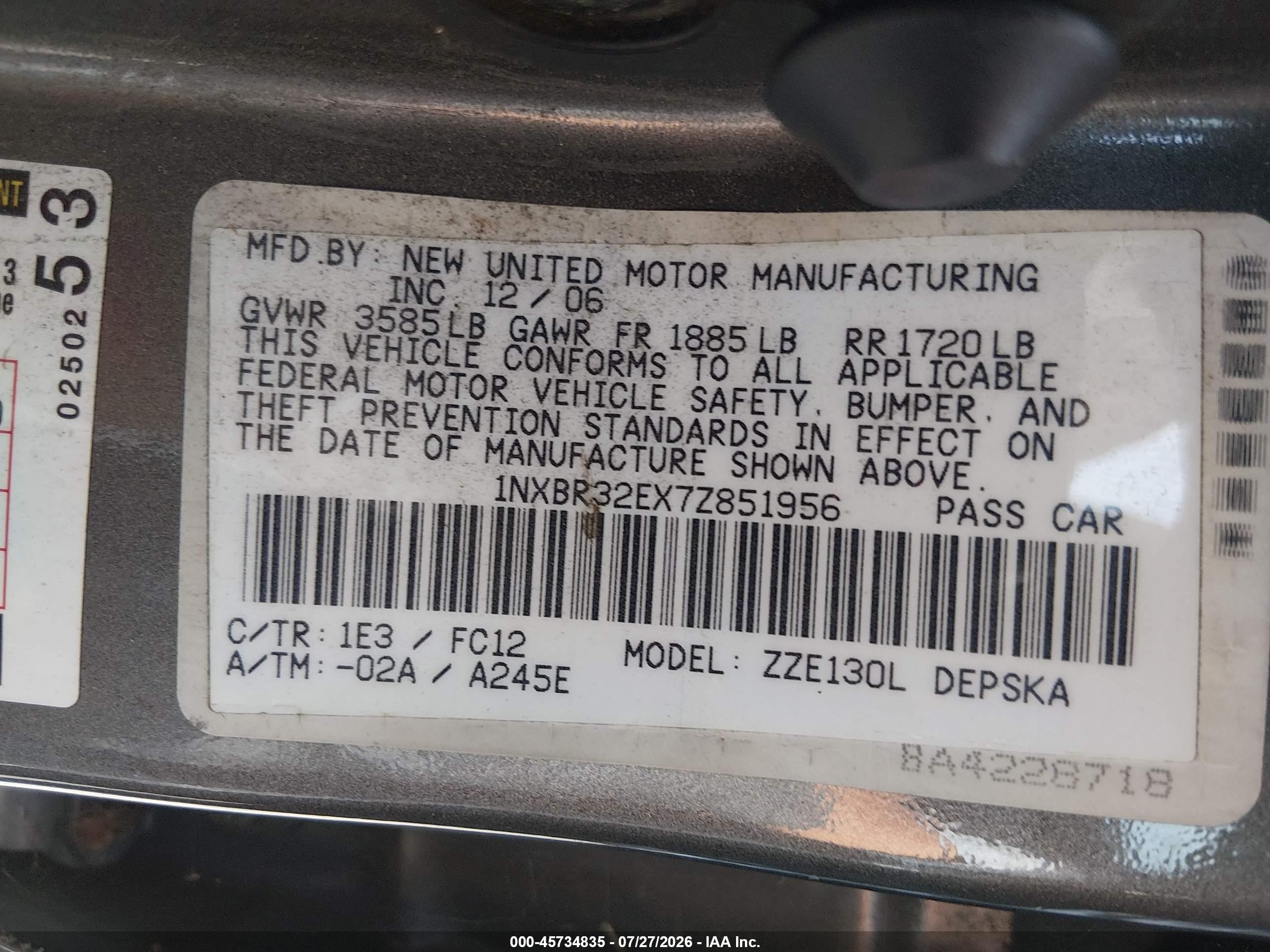 2007 Toyota Corolla S Gray vin: 1NXBR32EX7Z851956