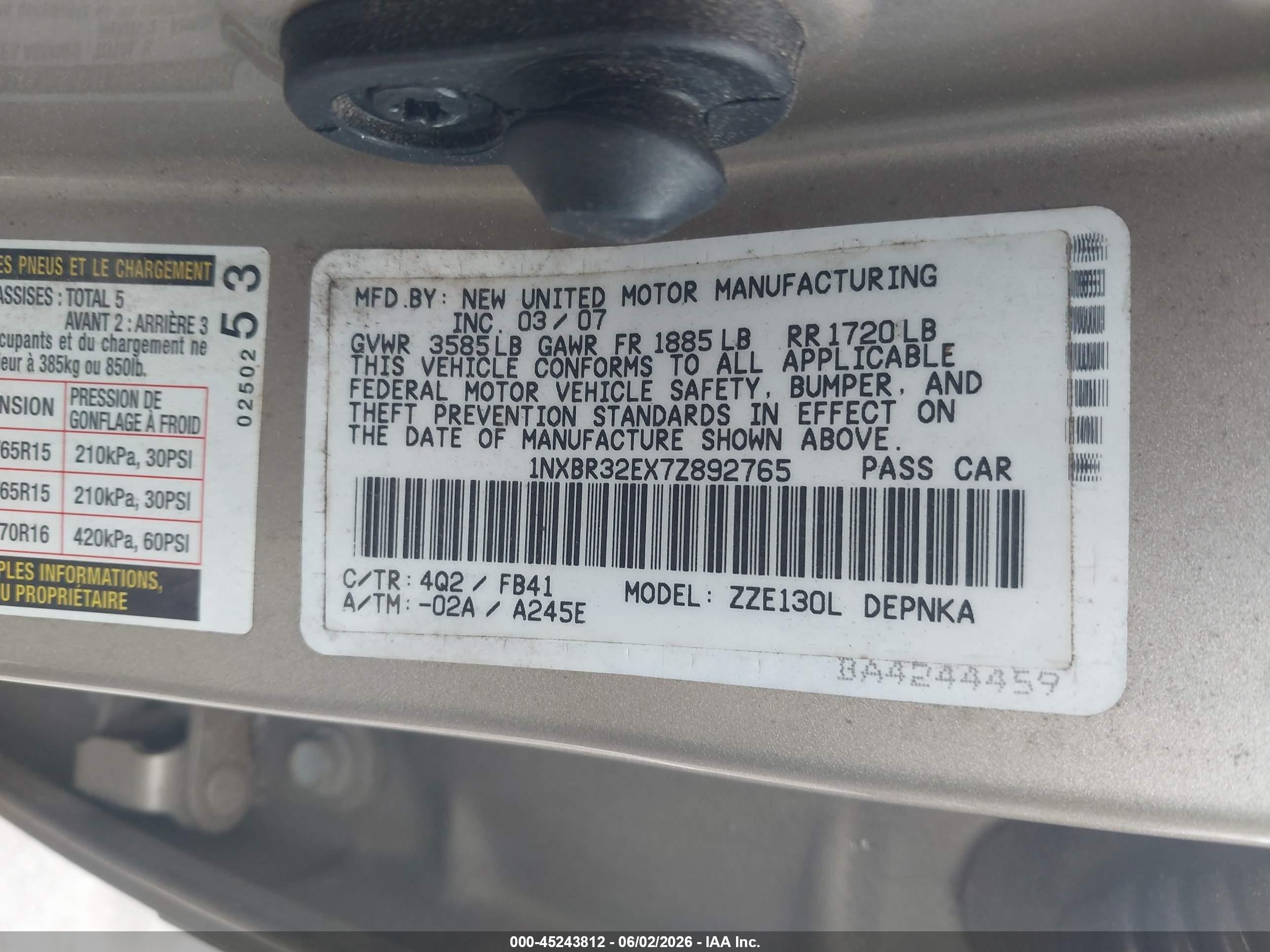 2007 Toyota Corolla Le Champagne vin: 1NXBR32EX7Z892765