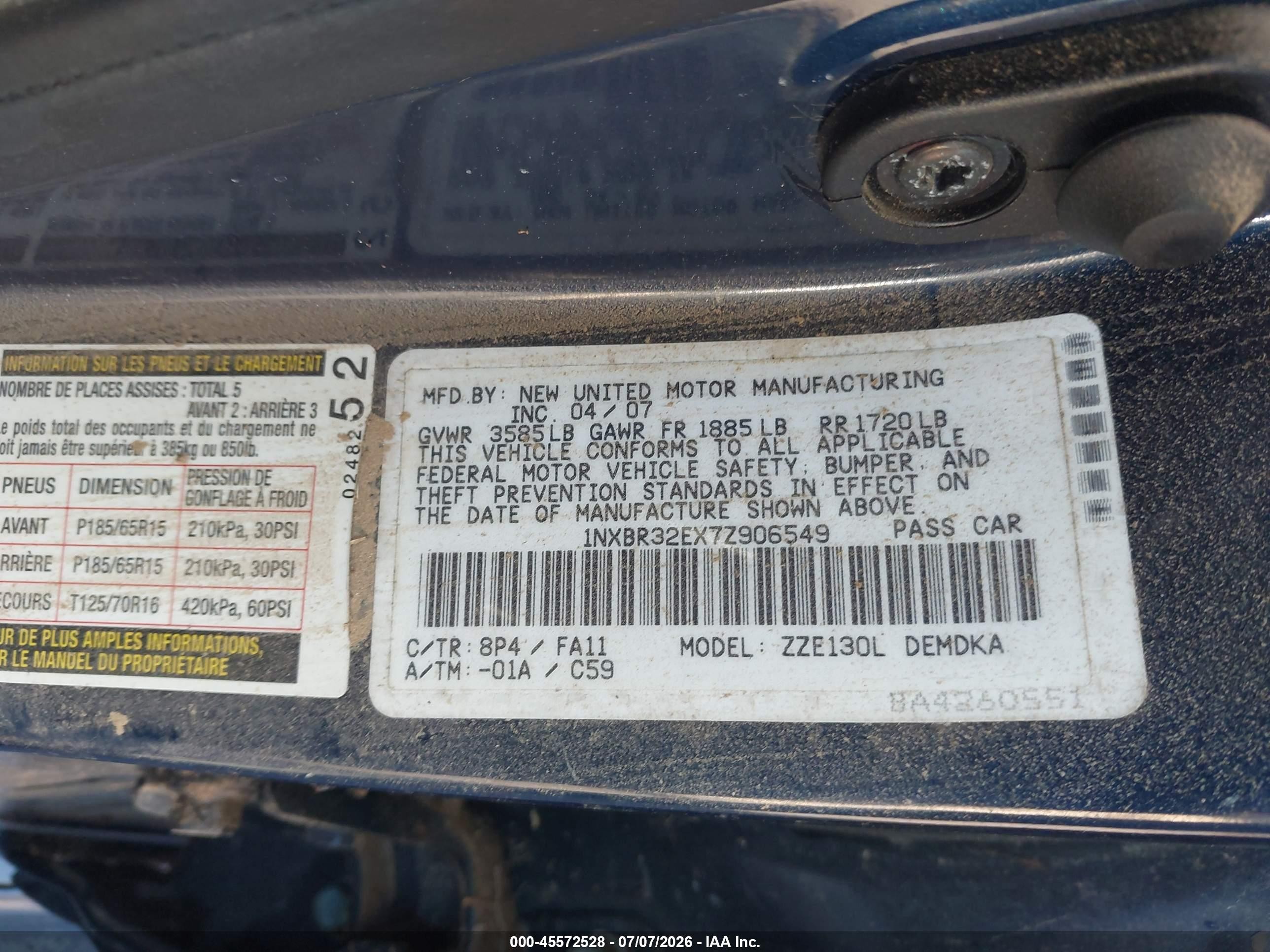 2007 Toyota Corolla Ce Blue vin: 1NXBR32EX7Z906549