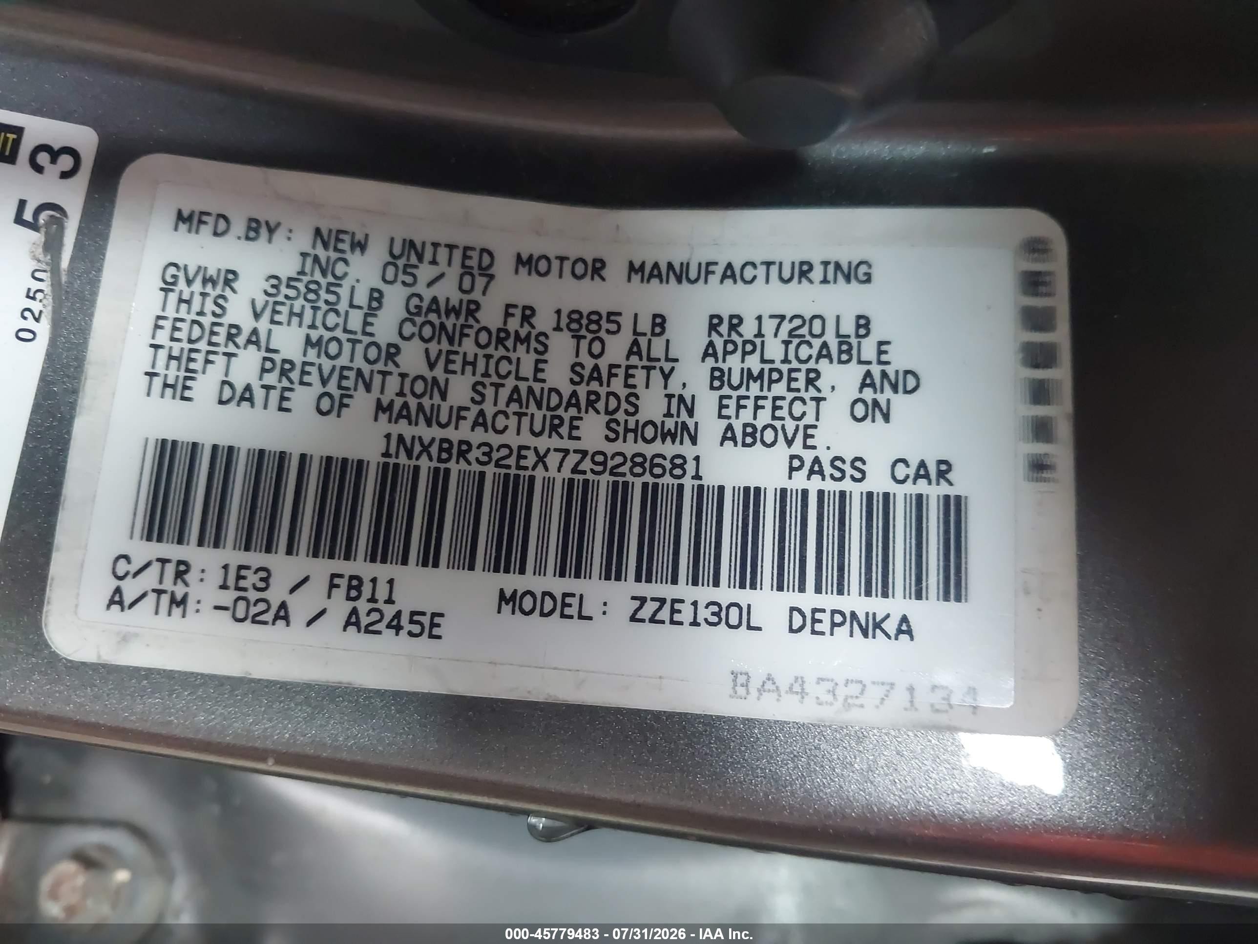 2007 Toyota Corolla Le Gray vin: 1NXBR32EX7Z928681
