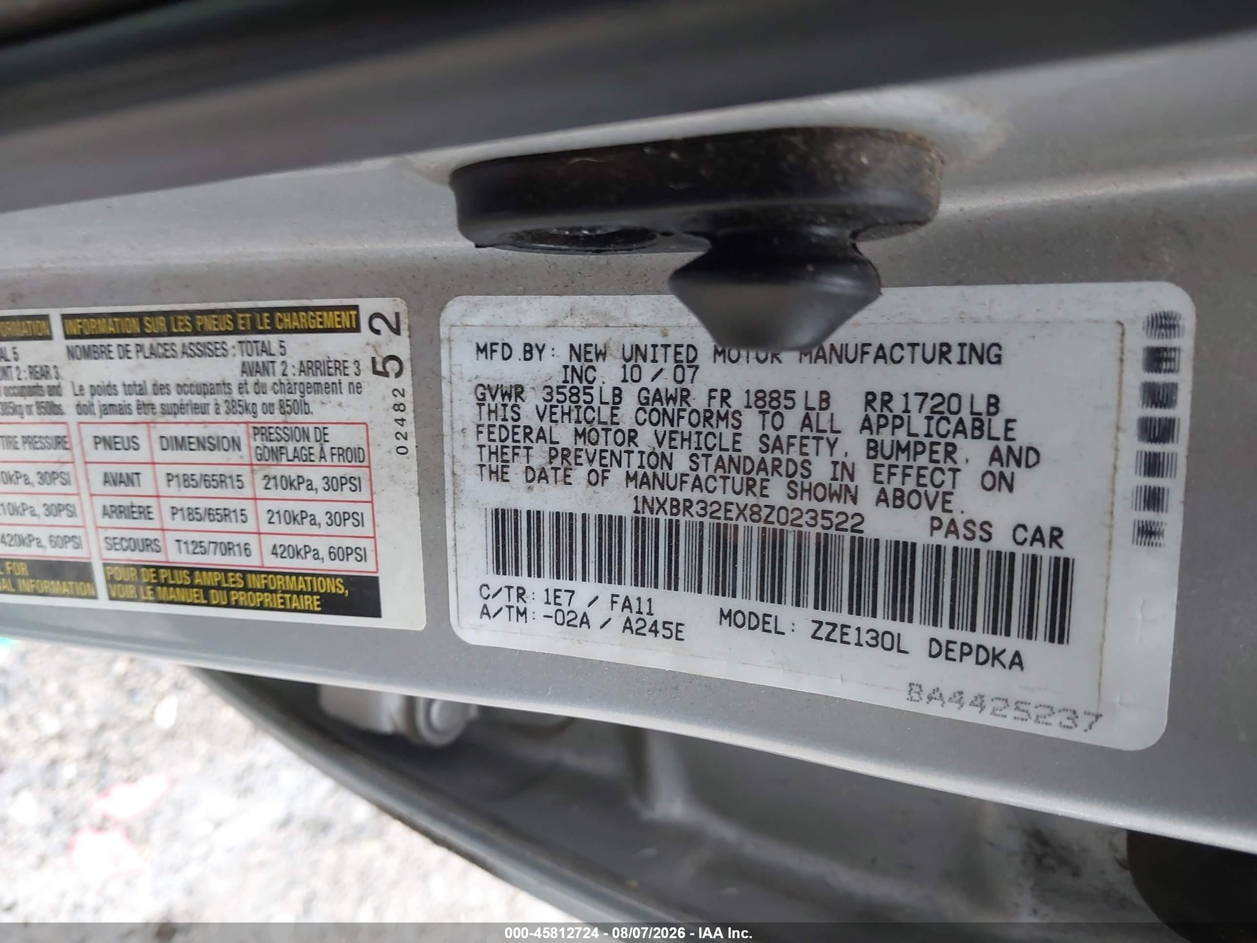 2008 Toyota Corolla Ce Silver vin: 1NXBR32EX8Z023522