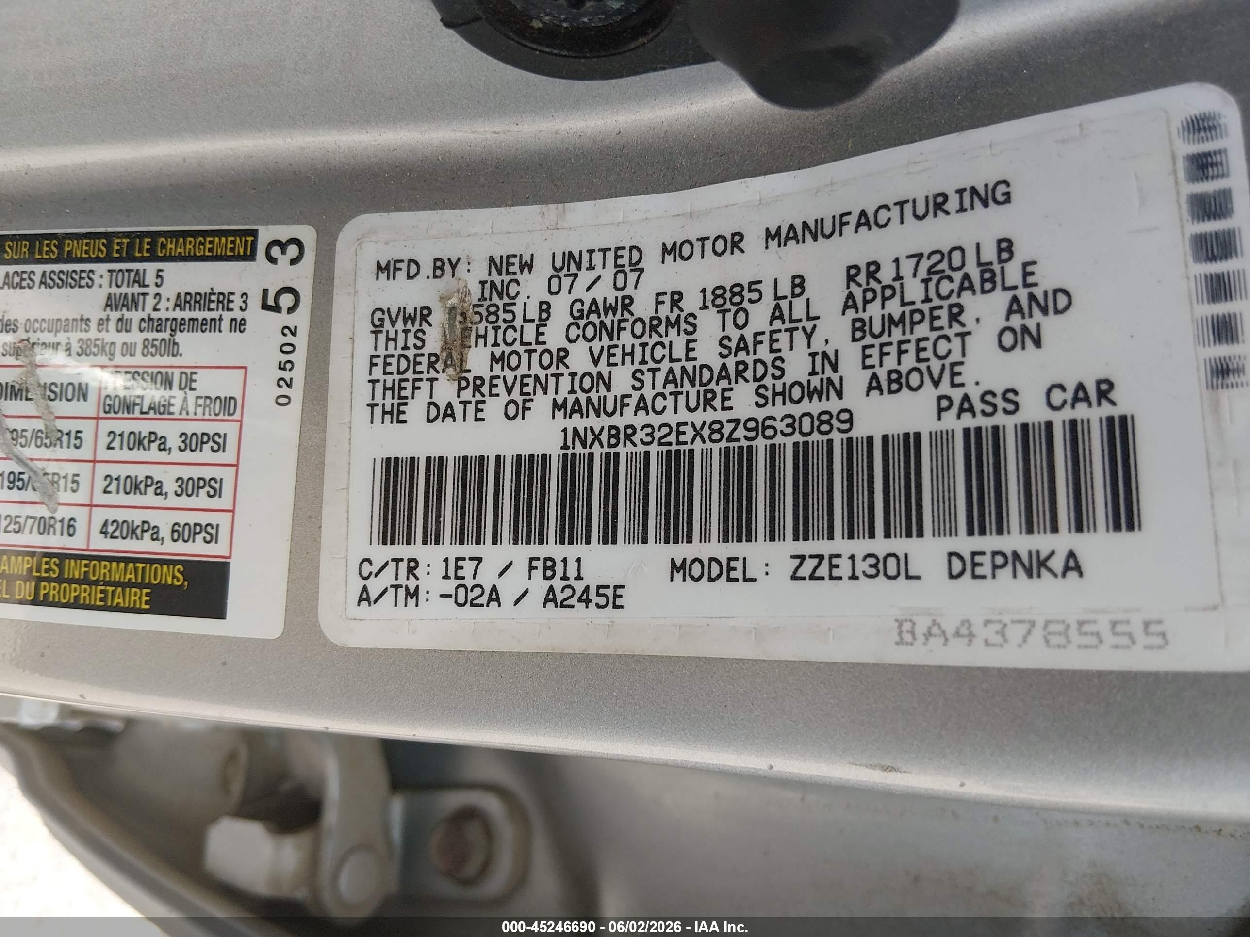 2008 Toyota Corolla Le Серебряный vin: 1NXBR32EX8Z963089