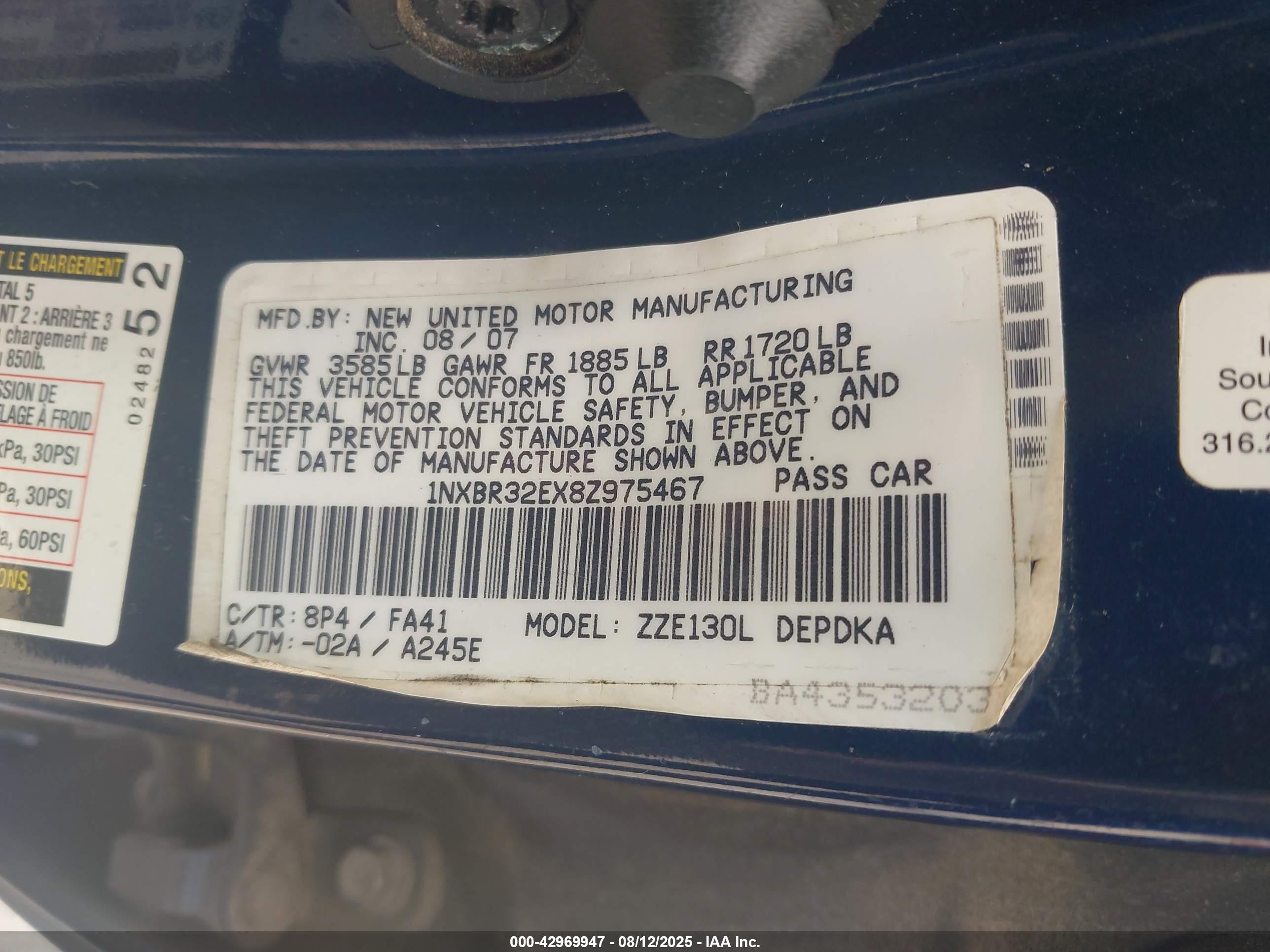 2008 Toyota Corolla Ce Blue vin: 1NXBR32EX8Z975467