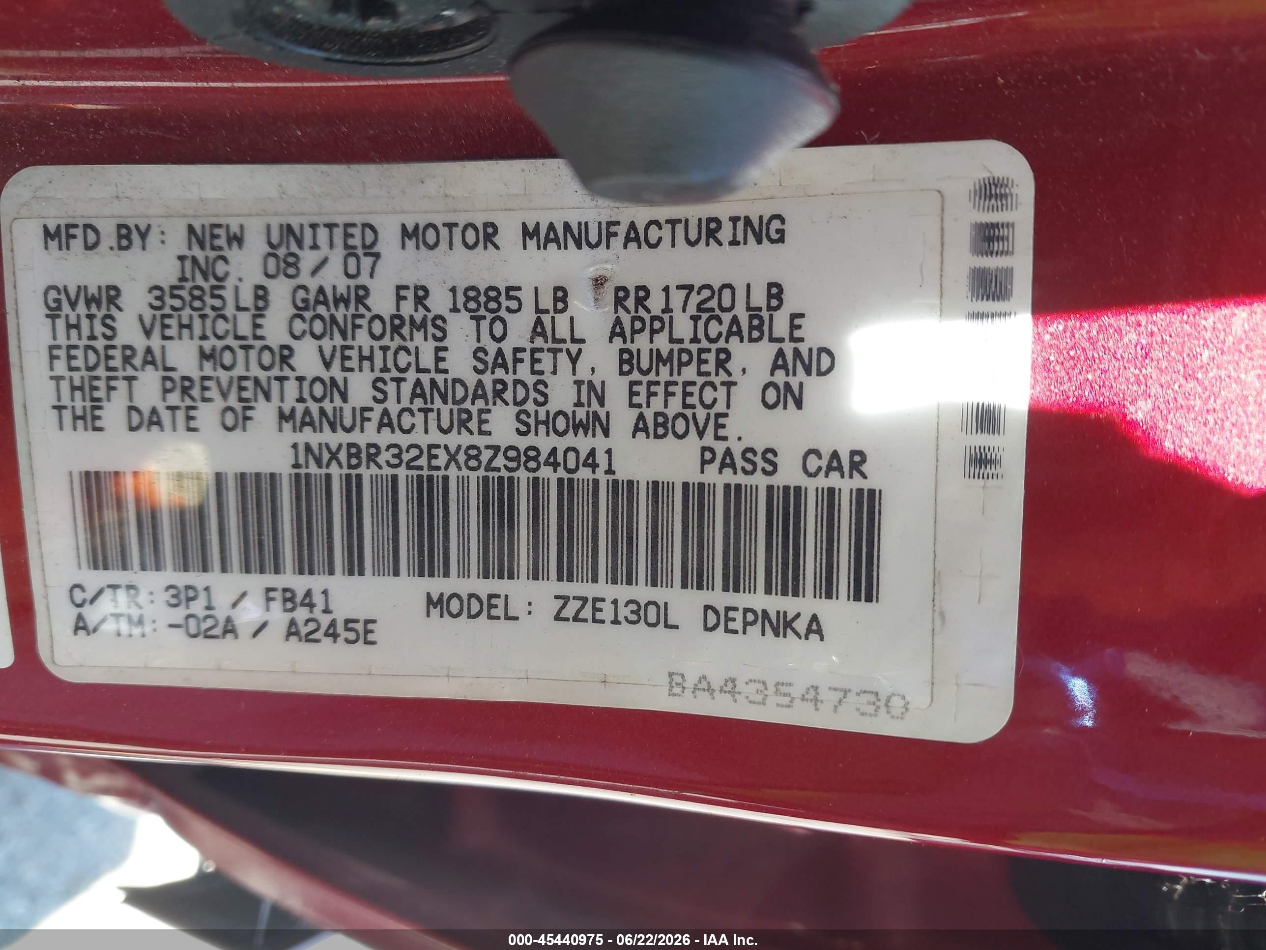 2008 Toyota Corolla Le Burgundy vin: 1NXBR32EX8Z984041
