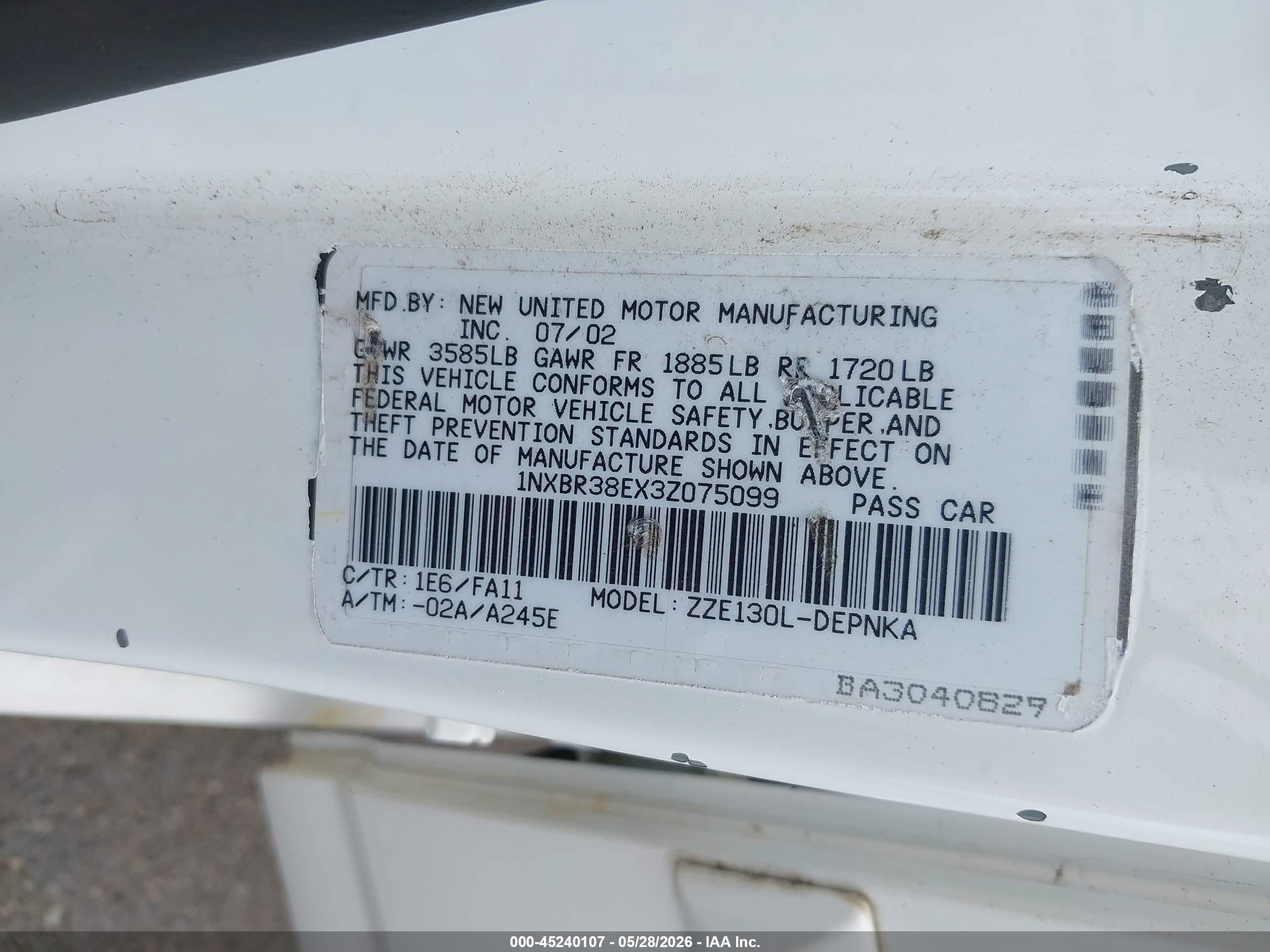 2003 Toyota Corolla   White vin: 1NXBR3HEX3D075099