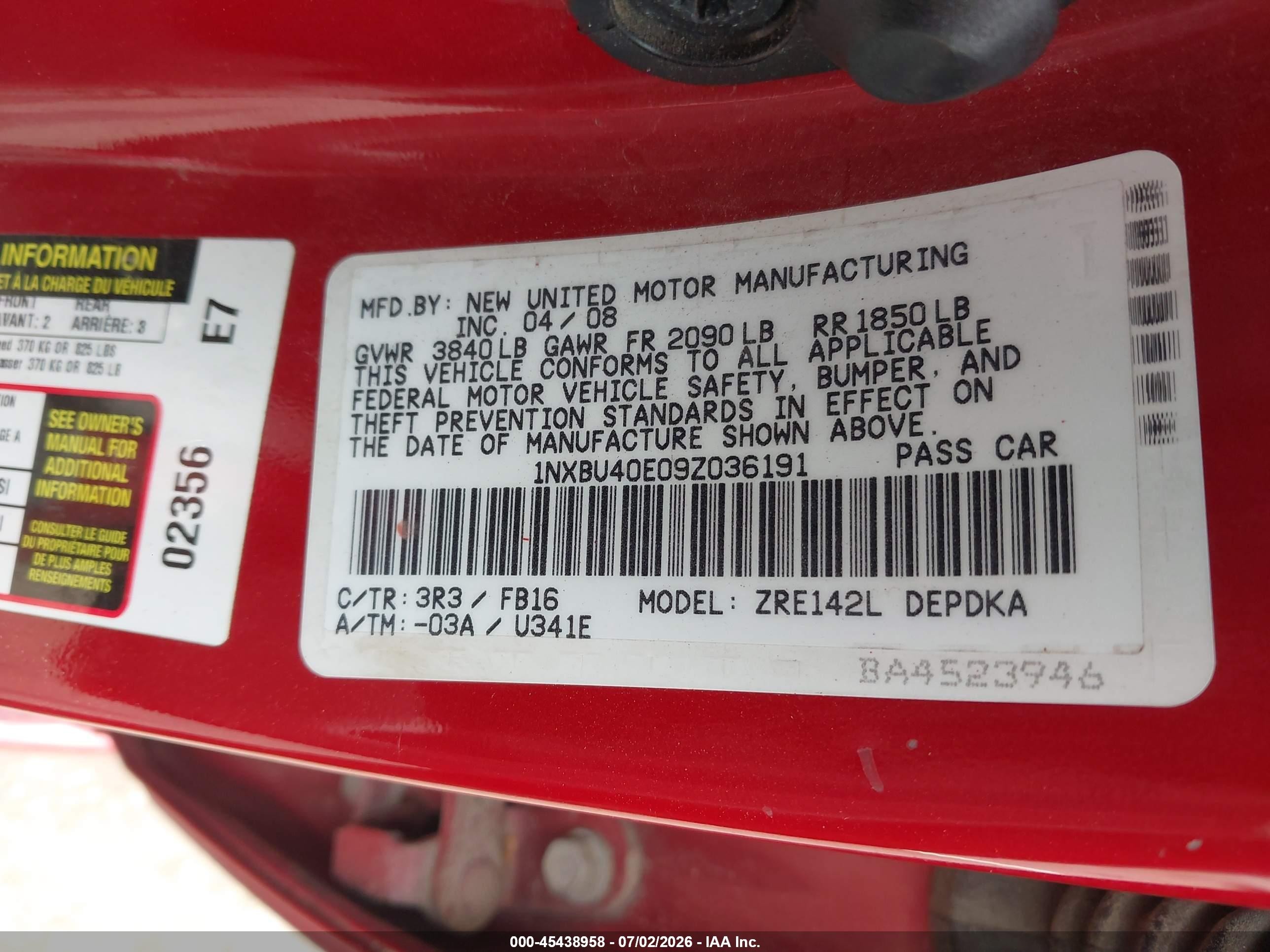 2009 Toyota Corolla Le Red vin: 1NXBU40E09Z036191