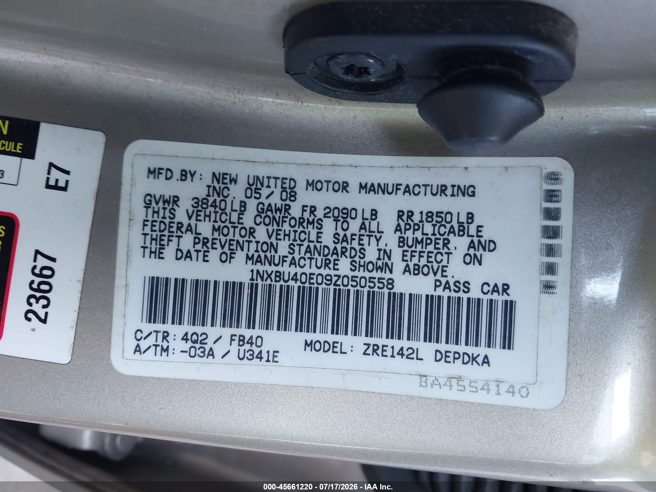 2009 Toyota Corolla Le Tan vin: 1NXBU40E09Z050558