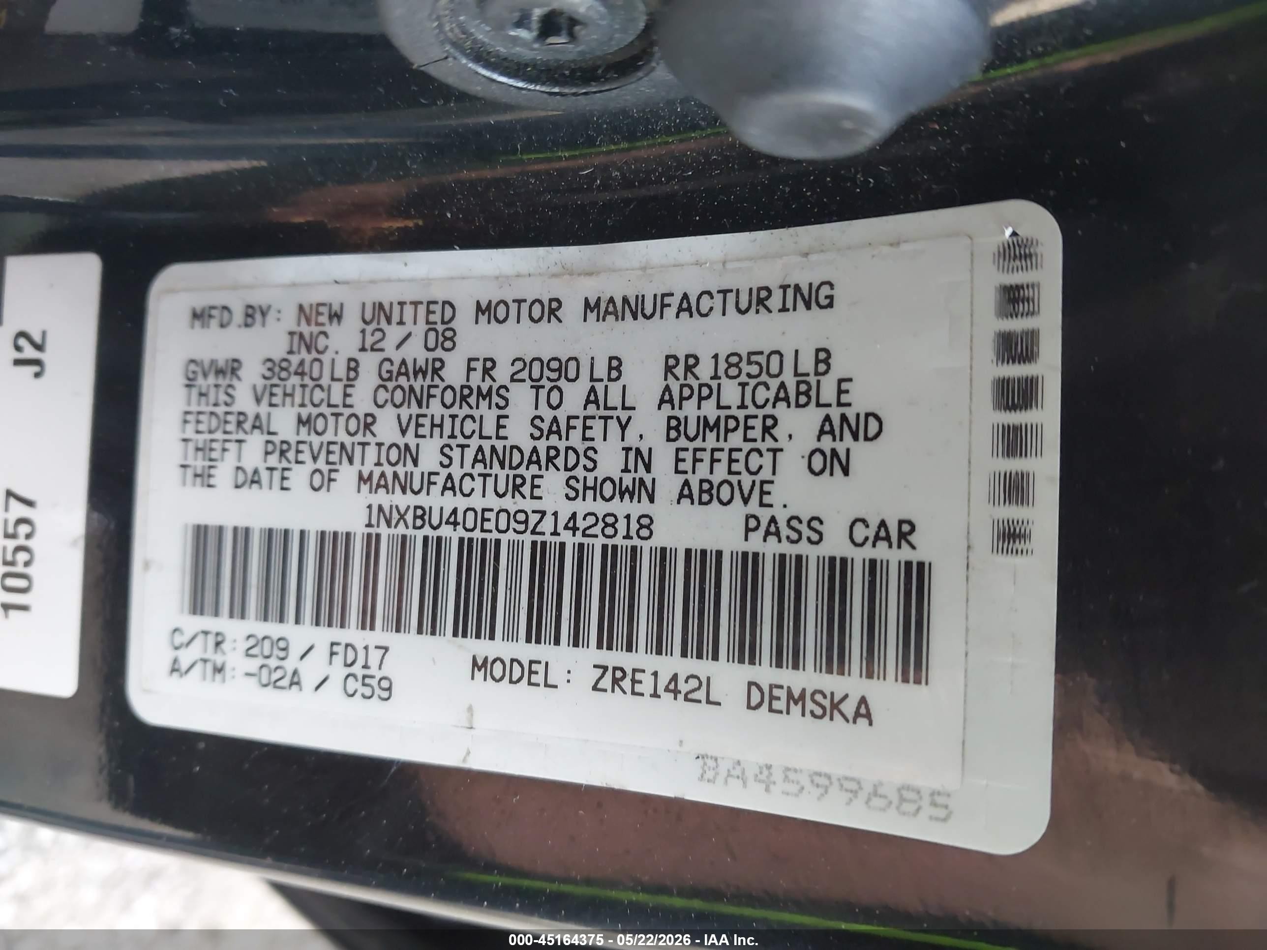 2009 Toyota Corolla S Black vin: 1NXBU40E09Z142818